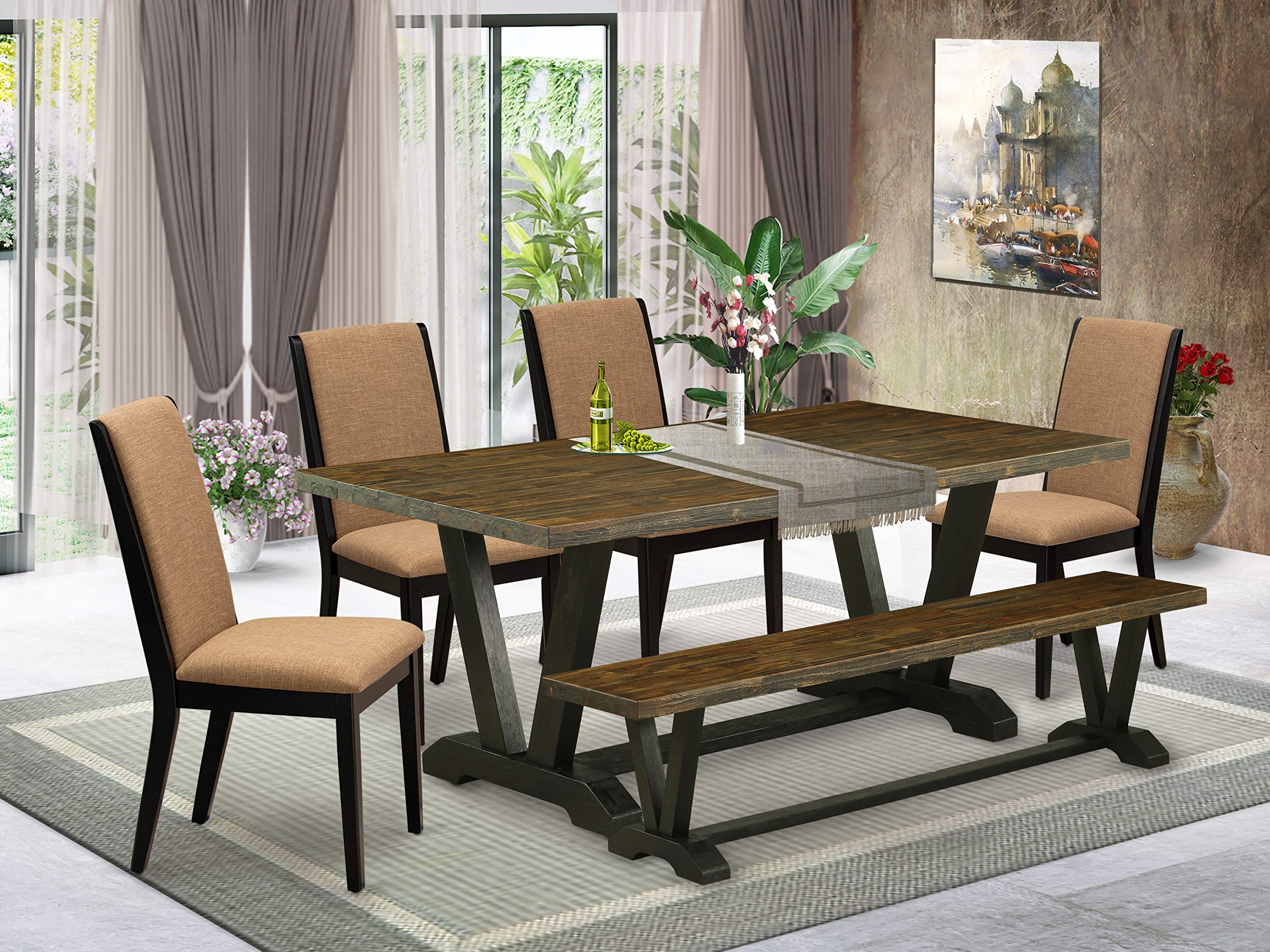 East West Furniture V-Style 6 Piece Set Contains A Rectangle Dining Room Table And 4 Light Sable Linen Fabric Parson Chairs With A Bench, 40X72 Inch, Multi-Color