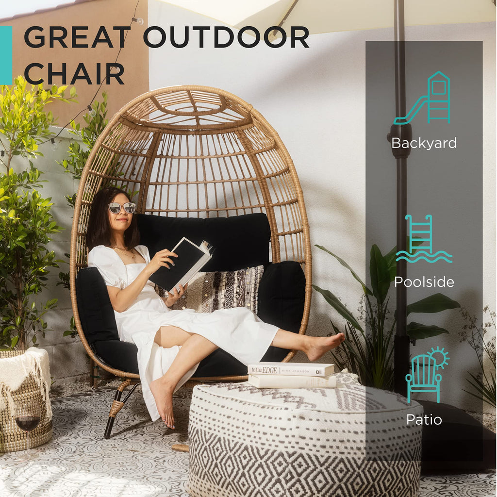 Best Choice Products Wicker Egg Chair, Oversized Indoor Outdoor Lounger For Patio, Backyard, Living Room W/ 4 Cushions, Steel Frame, 440Lb Capacity - Black
