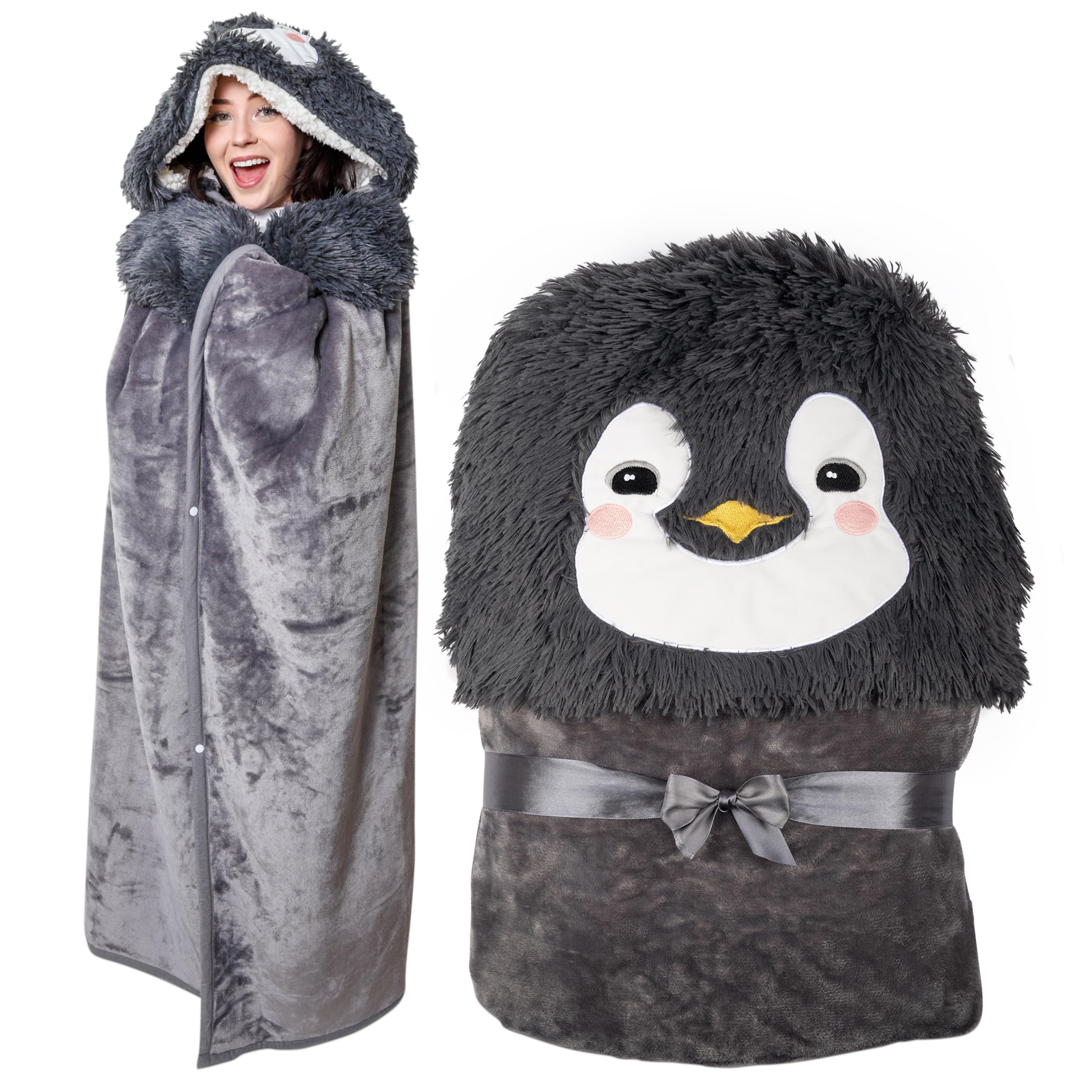 Penguin Wearable Hooded Blanket - Warm & Cozy Oversized Blanket Hoodie With Hand Gloves- Soft Plush Premium Sherpa And Flannel F
