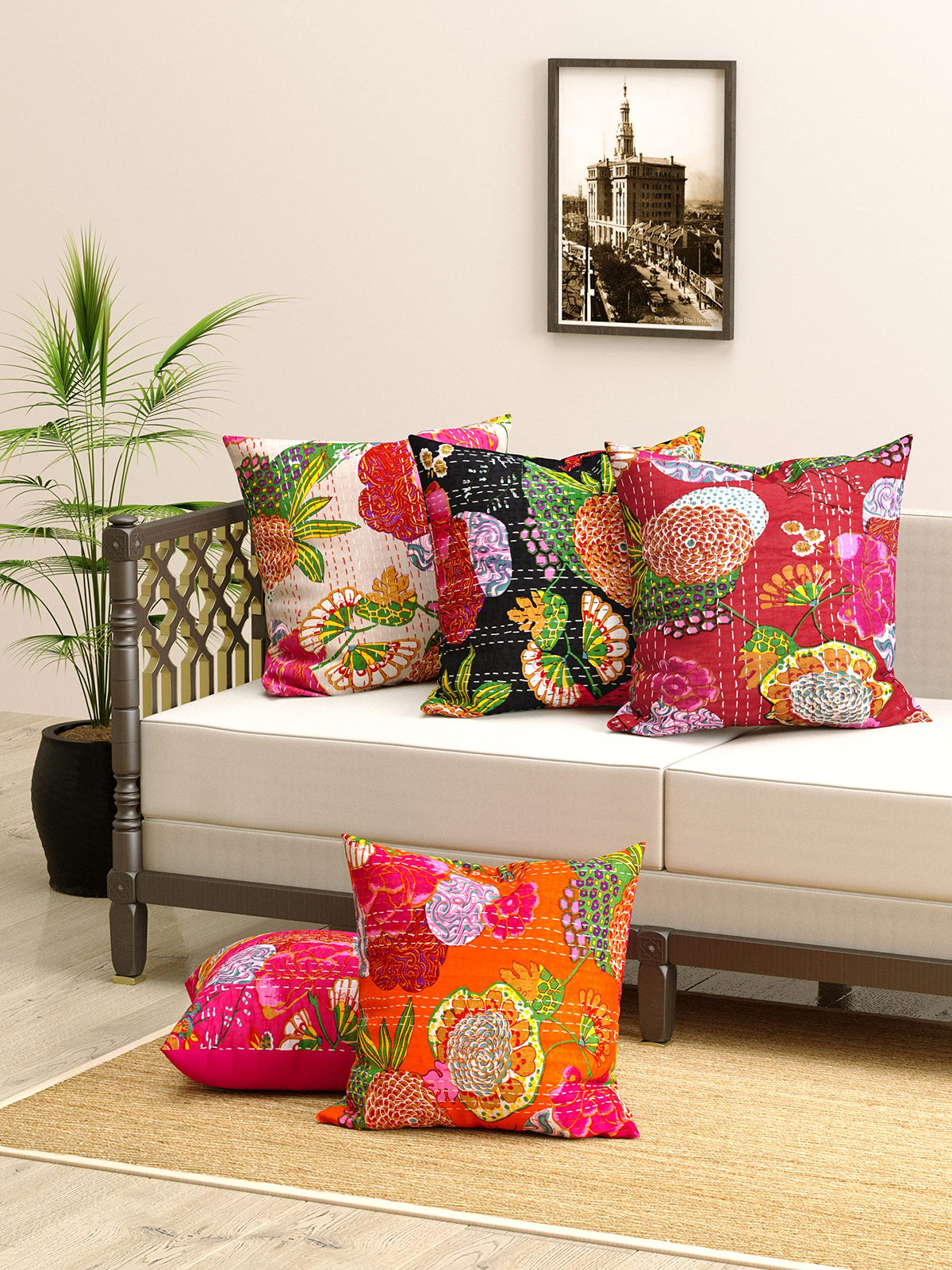 Grahvatika Round Rajasthani Cushion Cover 16X16 Inch Embroidered Ethnic Khadi Round Cushion Cover Elephant Design Set Of 5 Multi