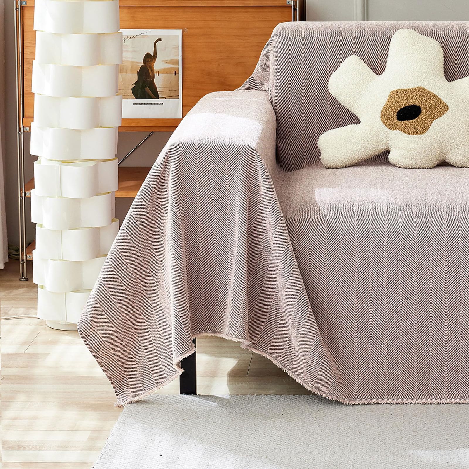 Handontime Soild Couch Covers For Dogs Pink-Purple Sofa Covers Boho Cover For Sofa 3 Seats Chenille Sofa Throw Cover Mauve Sofa Covers For 3 Cushion Couch Tassel Sofa Cover, 91' X150'