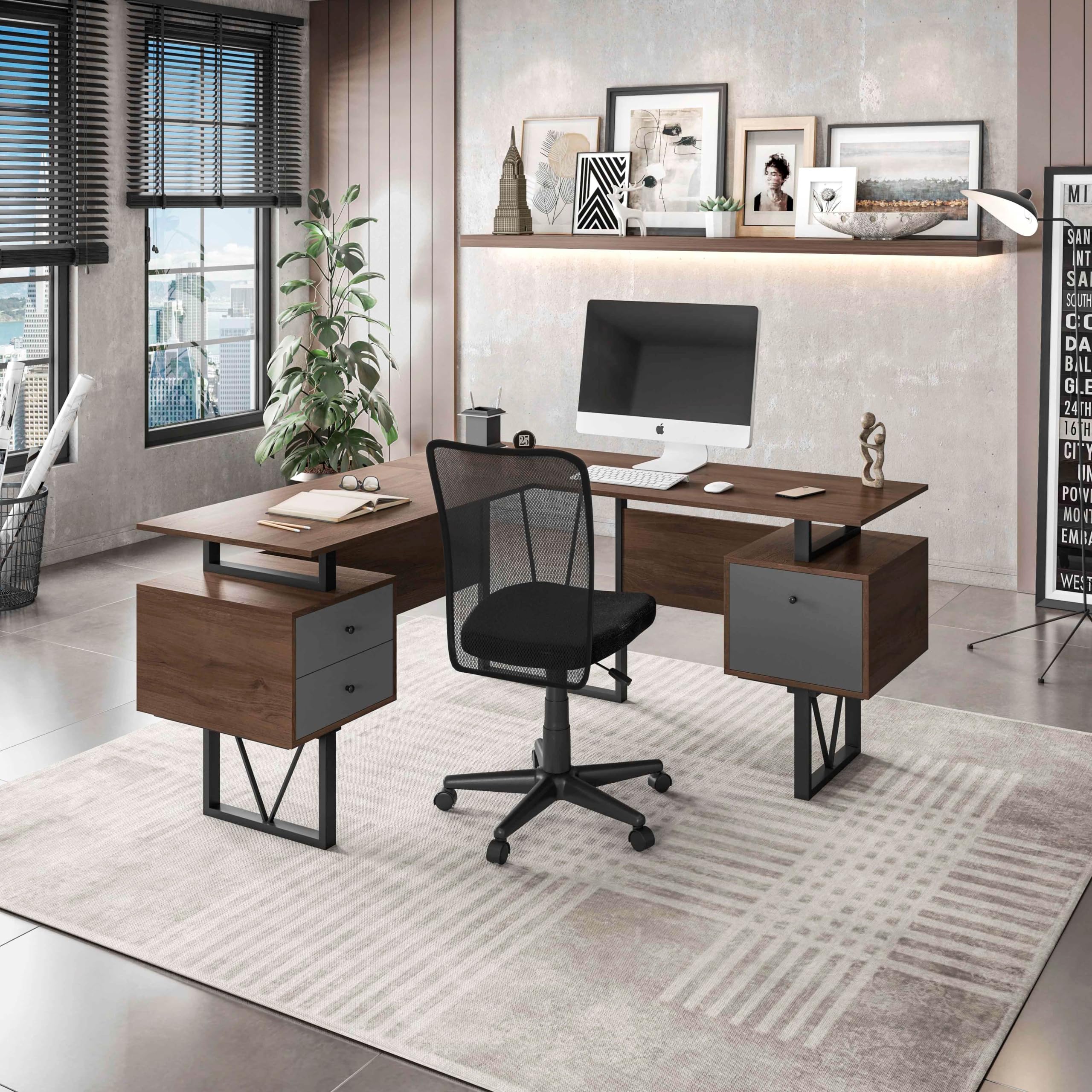 Techni Mobili Reversible L Shaped Desk With File Cabinet And Drawers 59” W – Modern Versatile L Shaped Office Desk With Drawers And File Cabinet - Brown