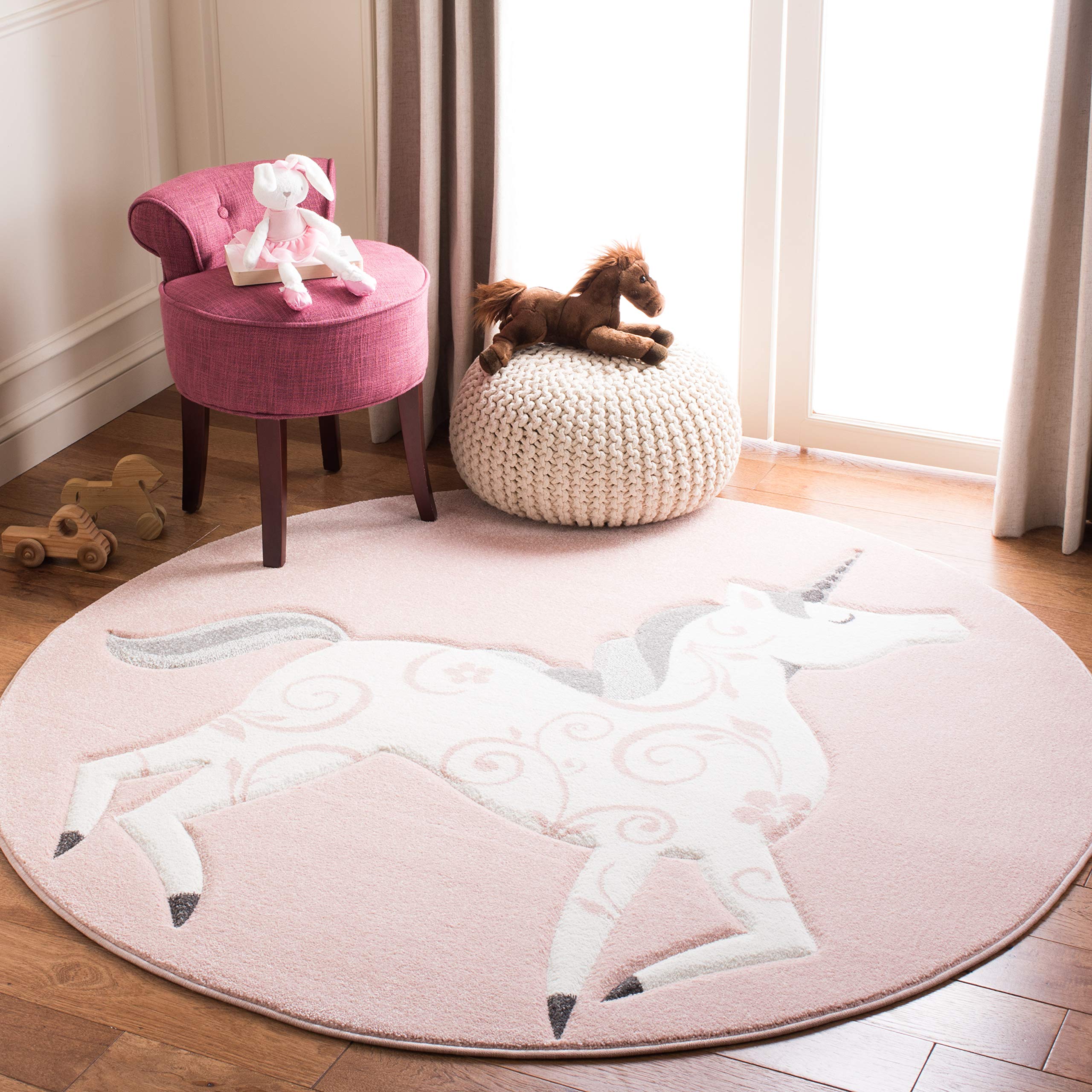 SAFAVIEH Carousel Kids Collection 4 Round Pink / Ivory CRK163P Unicorn Nursery Playroom Area Rug