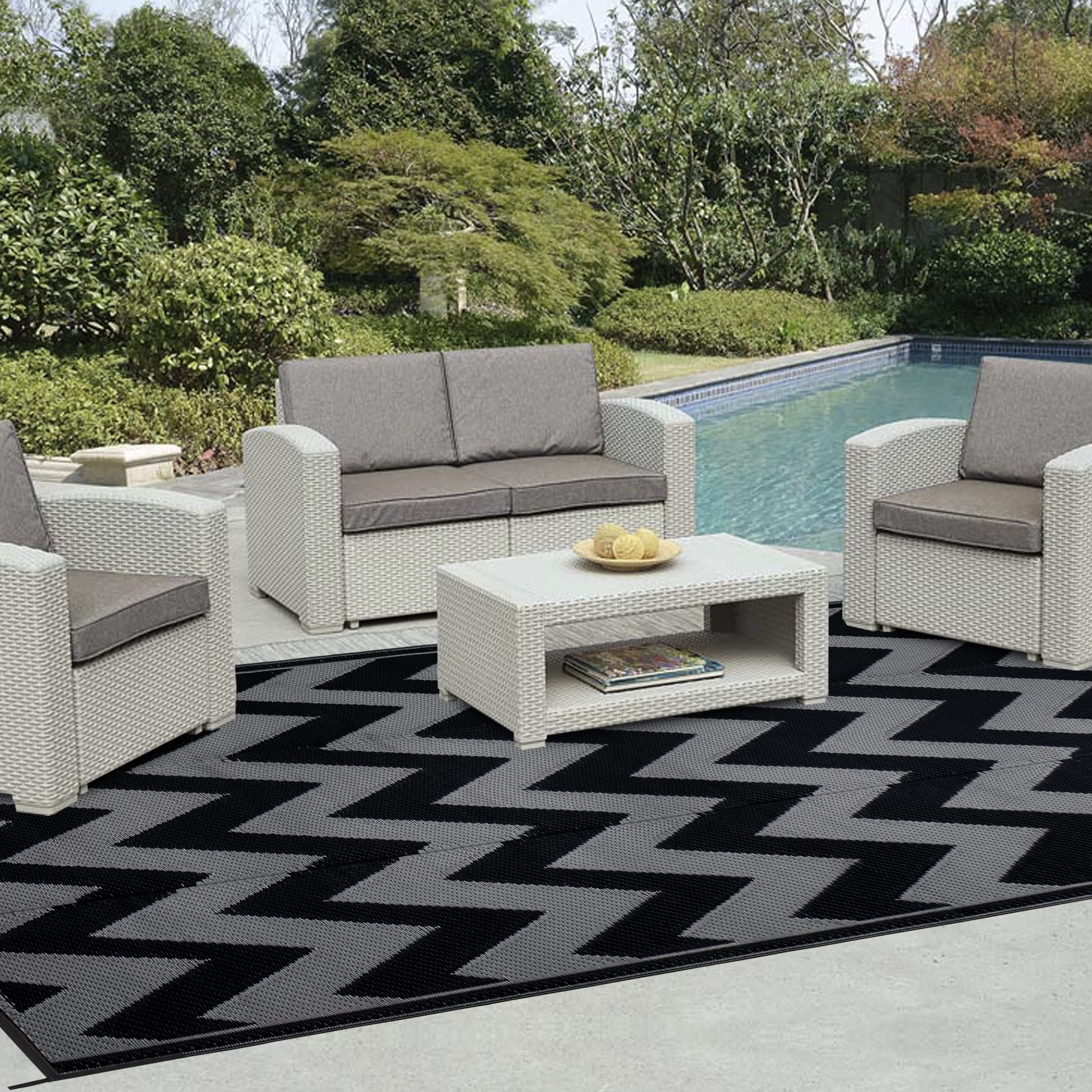 Easy-Going Reversible Outdoor Rugs 6X9Ft Waterproof Plastic Straw Rug Stain & Uv Resistant Floor Mat For Patio Porch Rv Backyard Pool Deck Picnic Beach Trailer Camping (Waved Black & Grey)