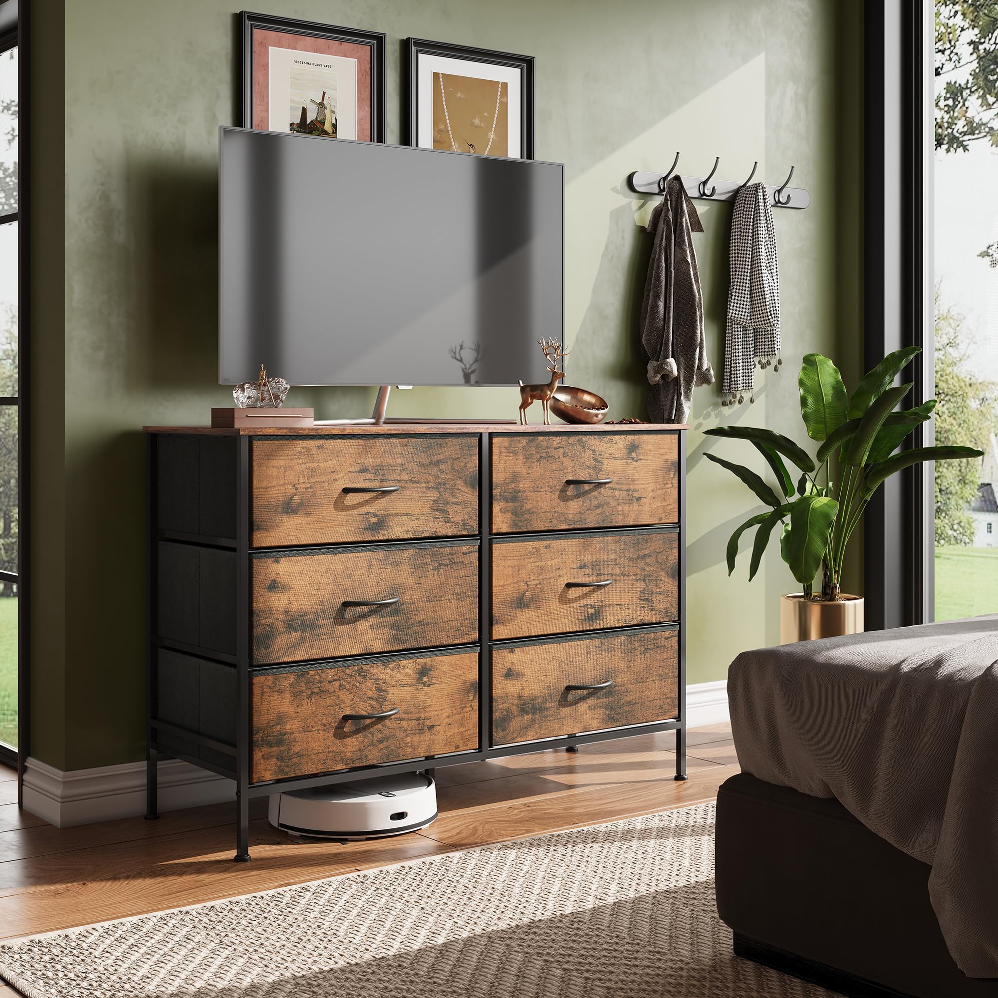 Wlive Dresser For Bedroom With 6 Drawers, Wide Fabric Dresser Tv Stand For 50 Inches Tv, With Metal Frame, Wooden Top, Fabric Storage Dresser For Bedroom, Hallway, Entryway, Rustic Brown