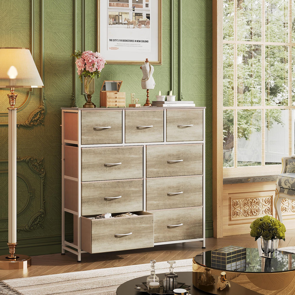 Wlive 9-Drawer Dresser, Fabric Storage Tower For Bedroom, Hallway, Nursery, Closet, Tall Chest Organizer Unit With Fabric Bins, Steel Frame, Wood Top, Easy Pull Handle, Greige
