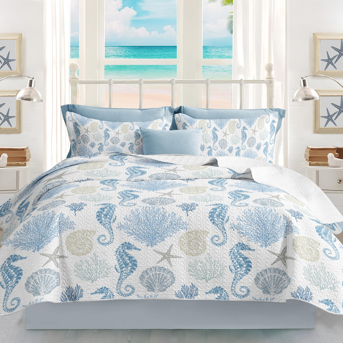 Coastal Bedding Queen Size Coastal Quilt With 2 Shams, Nautical Bedding Beach Comforter Sets Ocean Bedspreads Blue Seahorse Cove