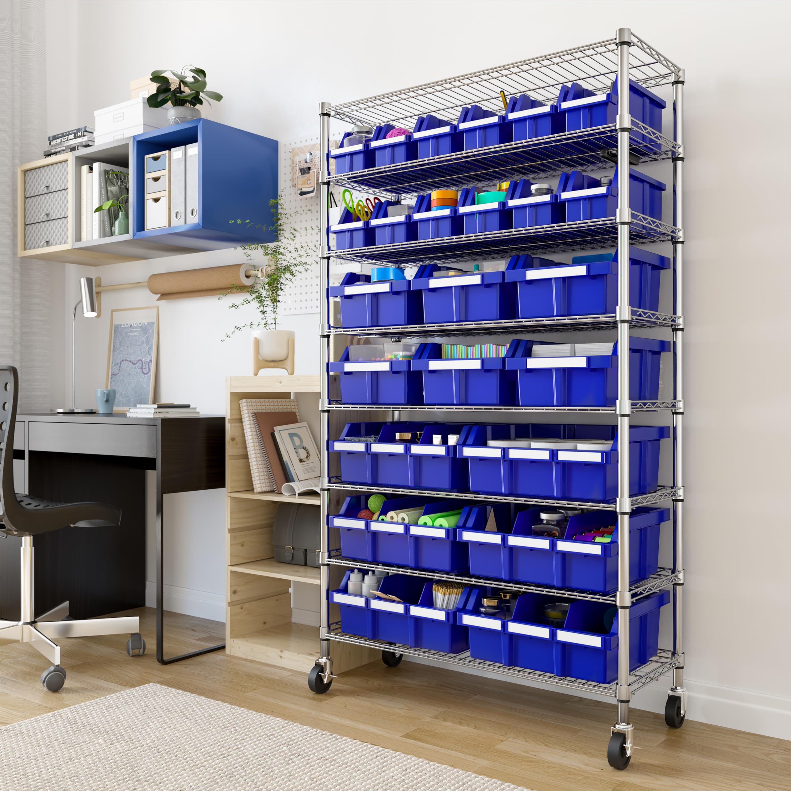 Seville Classics Commerical Grade Nsf-Certified Bin Rack Storage Steel Wire Shelving System - 24 Bins - Blue