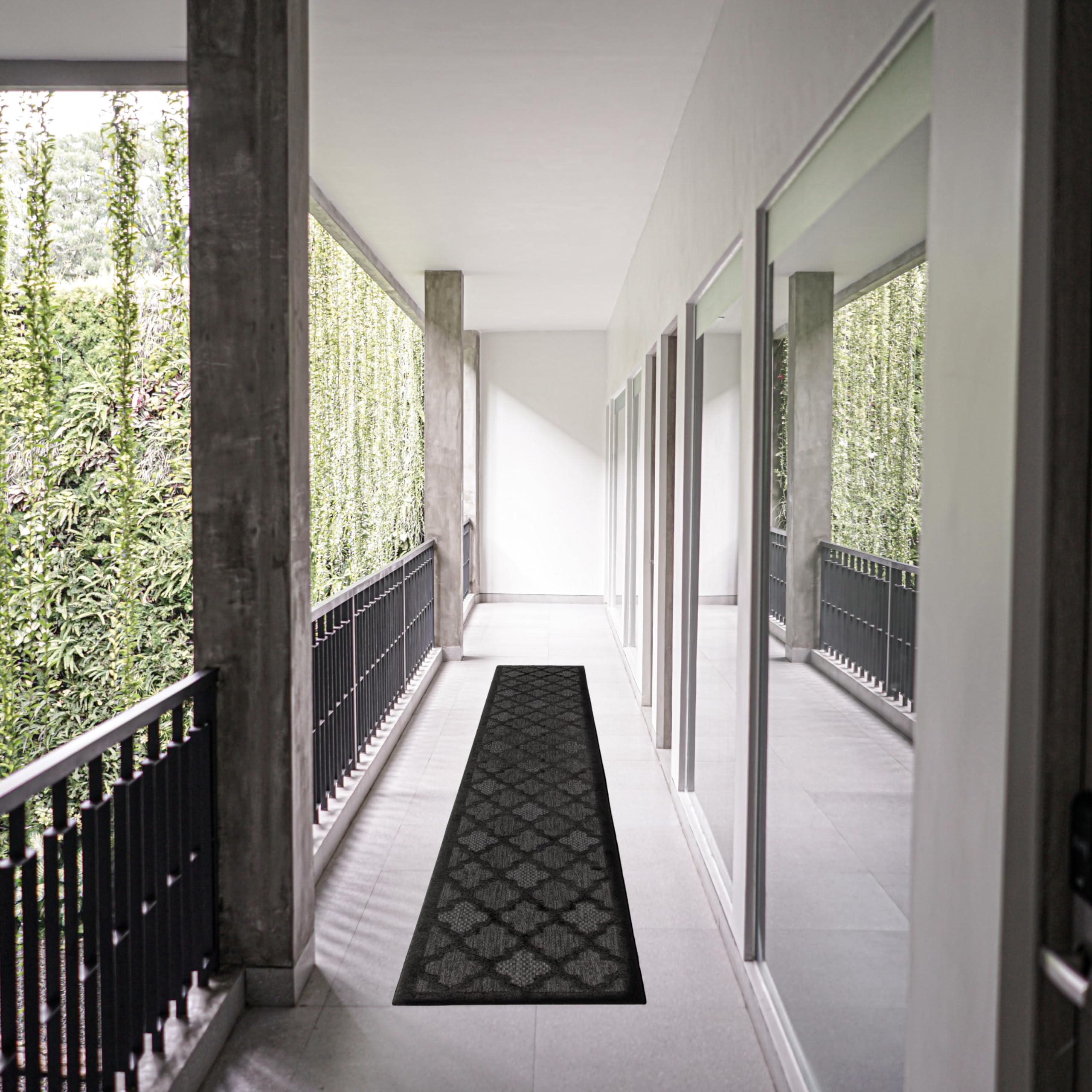 Nourison Easy Care Indoor/Outdoor Charcoal Black 2'2' X 12' Area -Rug, Easy -Cleaning, Non Shedding, Bed Room, Living Room, Dining Room, Backyard, Deck, Patio (2X12)