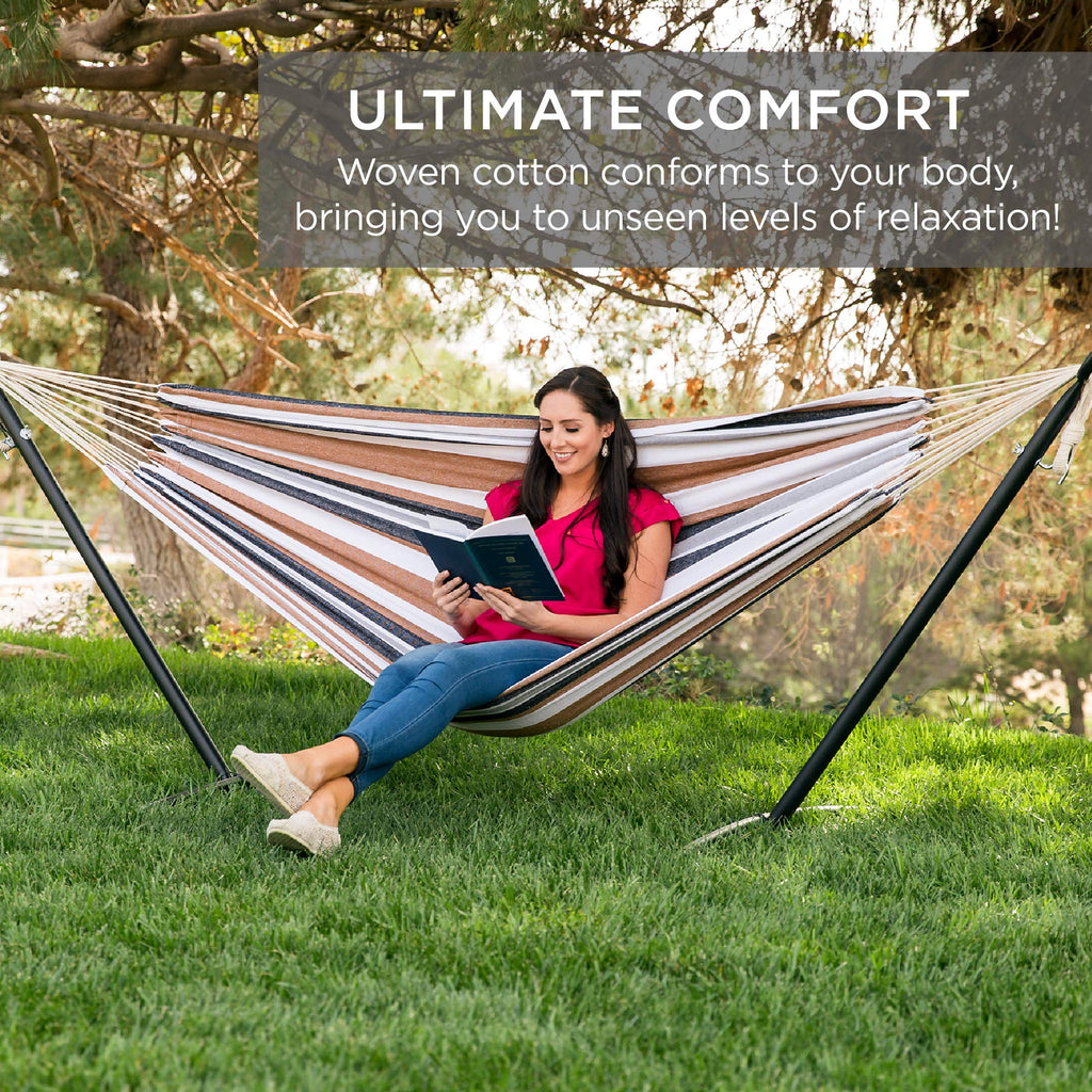 Best Choice Products Double Hammock With Steel Stand, Indoor Outdoor Brazilian-Style Cotton Bed W/Carrying Bag, 2-Person Capacity - Desert Stripes