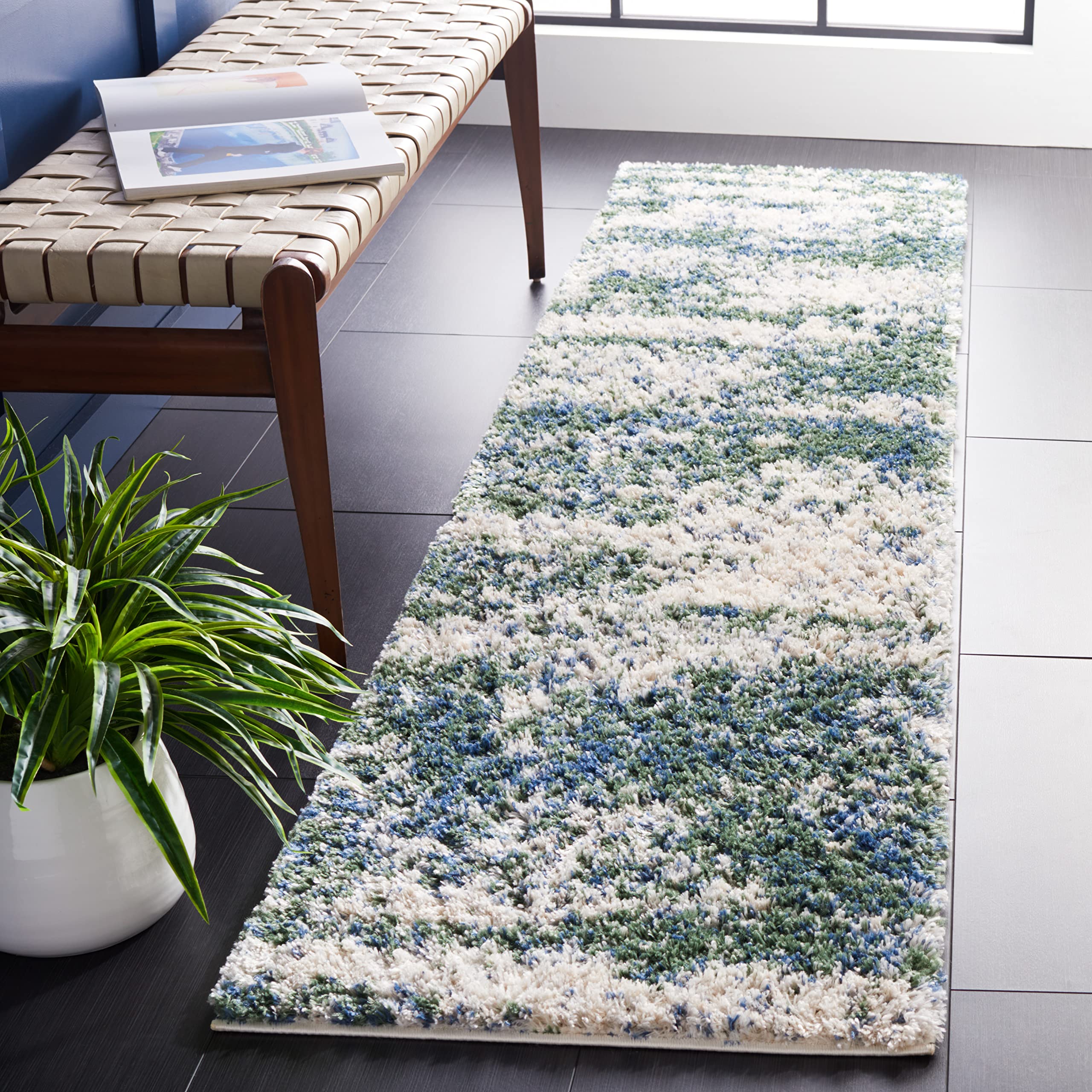 Safavieh Berber Shag Collection Runner Rug - 2' x 10', Green & Beige, Modern Abstract Design, Non-Shedding & Easy Care, 1.2-inch