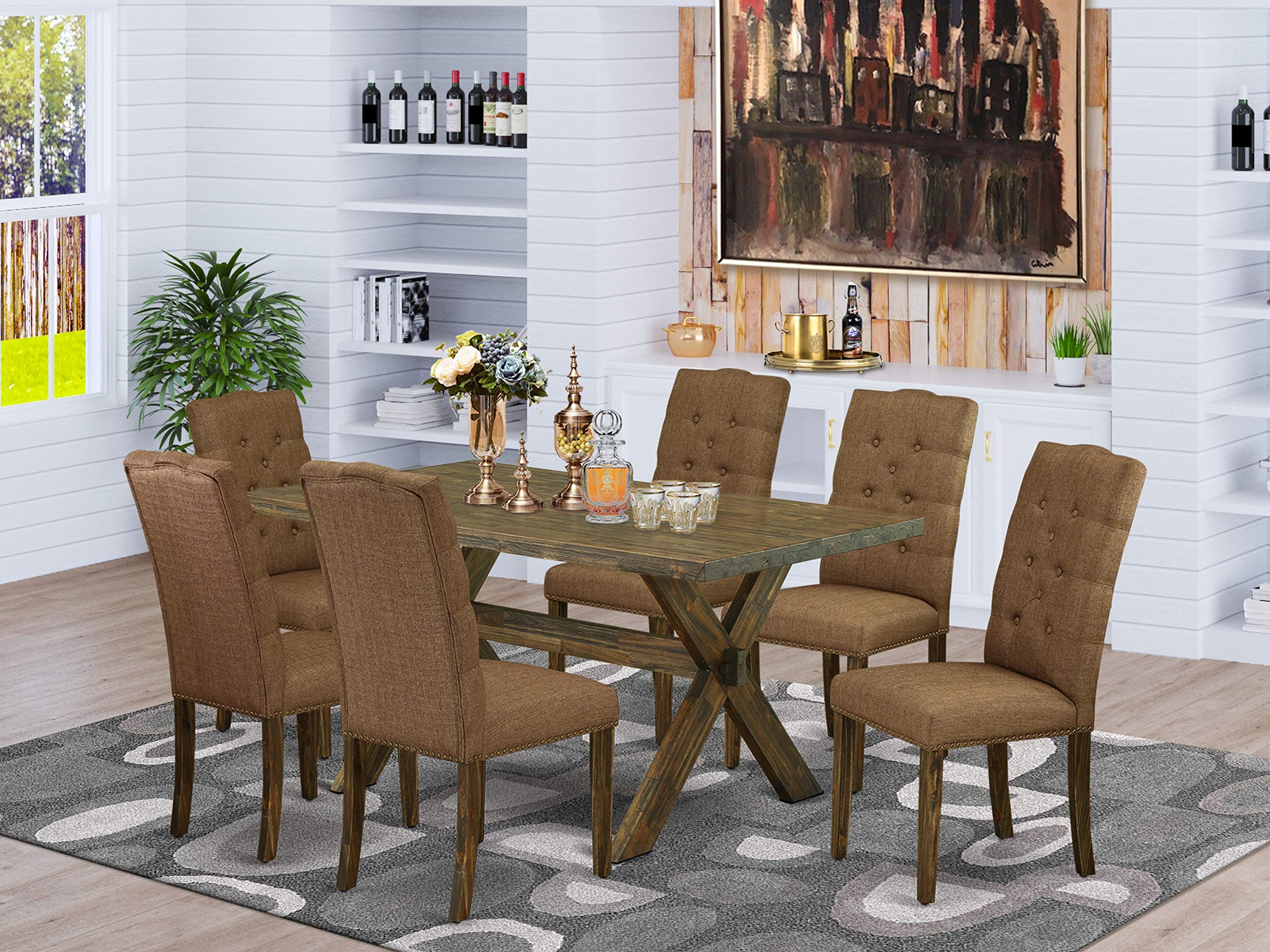 East West Furniture X776El718-7 7 Piece Dining Table Set Consist Of A Rectangle Kitchen Table With X-Legs And 6 Brown Linen Linen Fabric Parson Dining Chairs, 36X60 Inch, Multi-Color