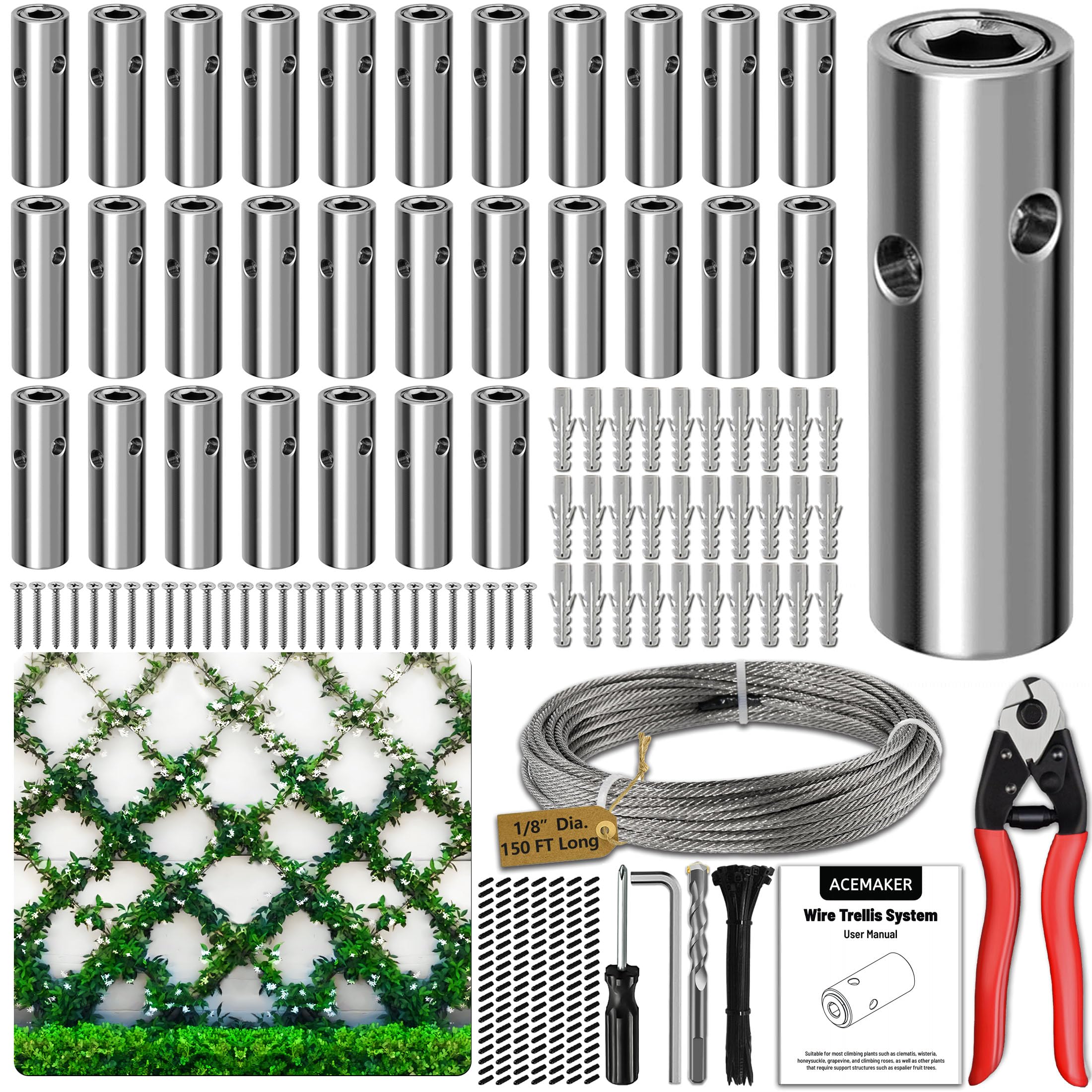 Acemaker Wire Trellis For Climbing Plants Outdoor, 30 Sets Wall Wire Trellis Kit With Wire Cutter & 1/8In X 150Ft Wire Ropes, T3