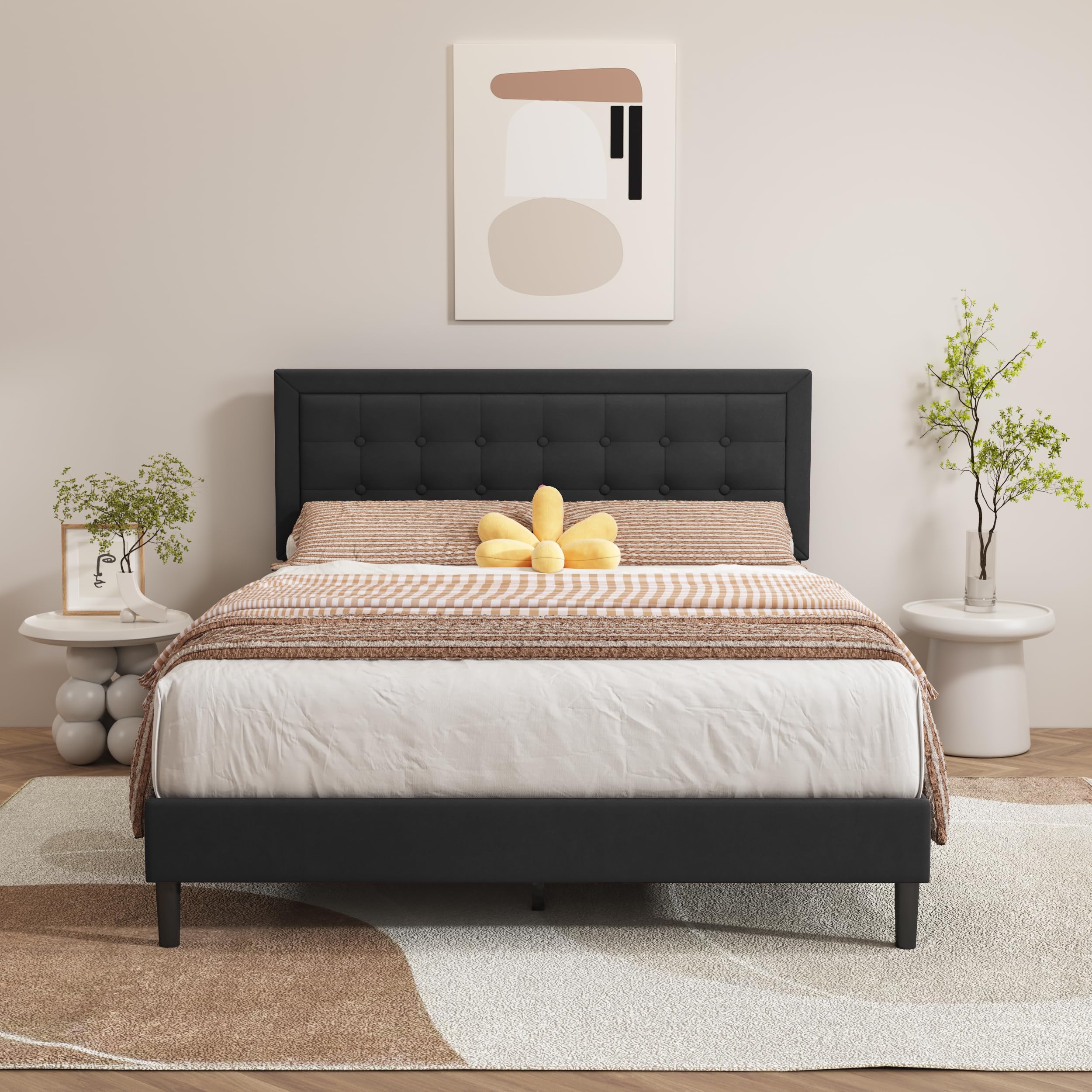 alazyhome Queen Size Black Modern Upholstered Platform Bed Frame with Button Tufting Headboard Solid Wood Slats Support No Box S