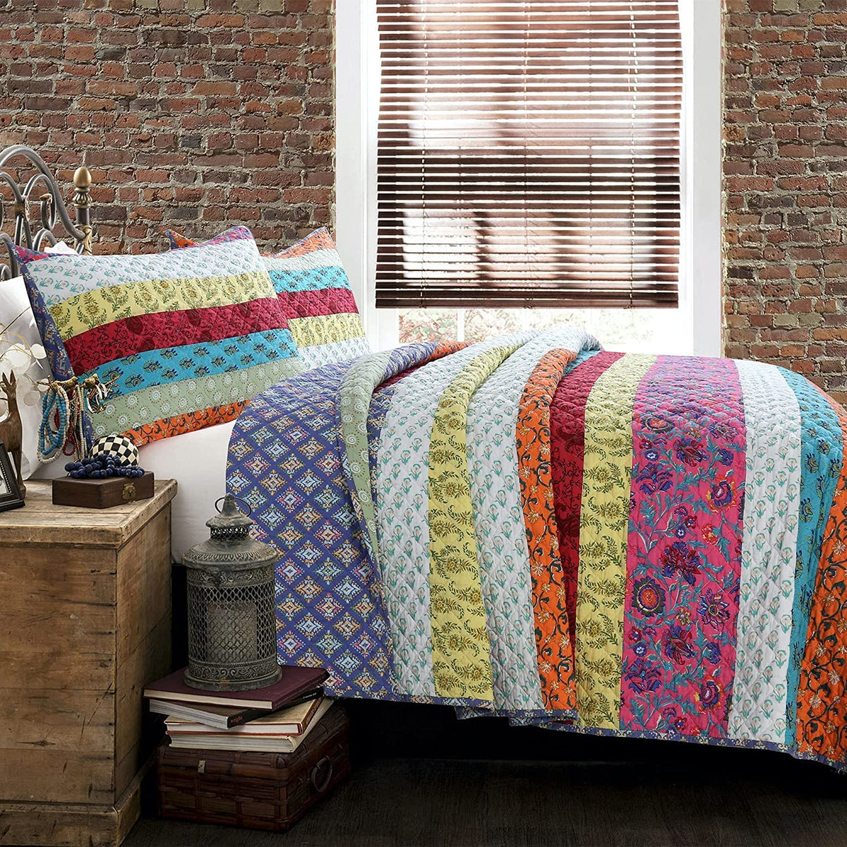 Cozy Line Home Fashions 100% Cotton Boho Striped Cottage Reversible Quilt Bedding Set Coverlet Bedspread (Vibrant Stripe, King-3