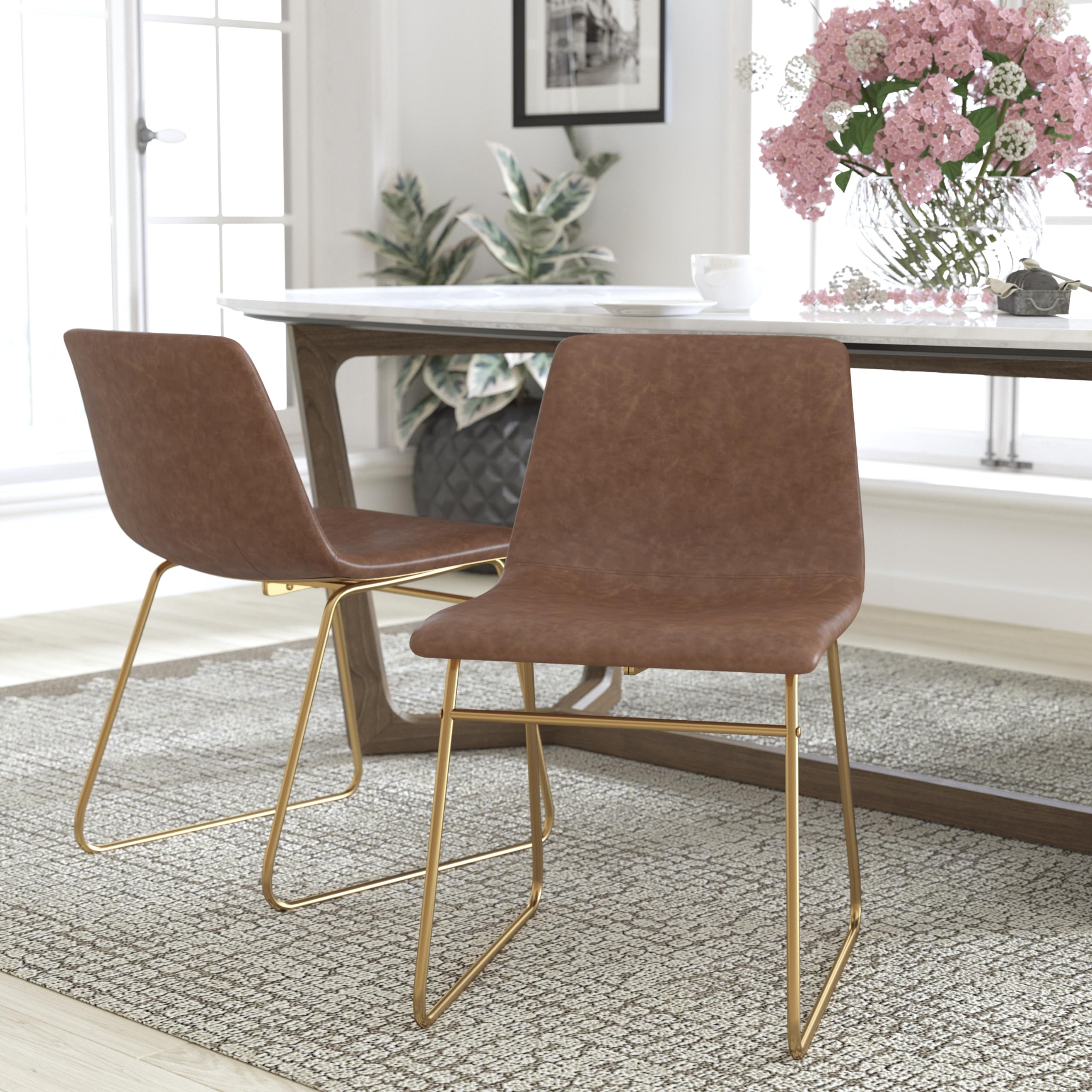 Flash Furniture Mid-Century Modern LeatherSoft Dining Chair, Light Brown, 2 Pack (ETER1834518LB)