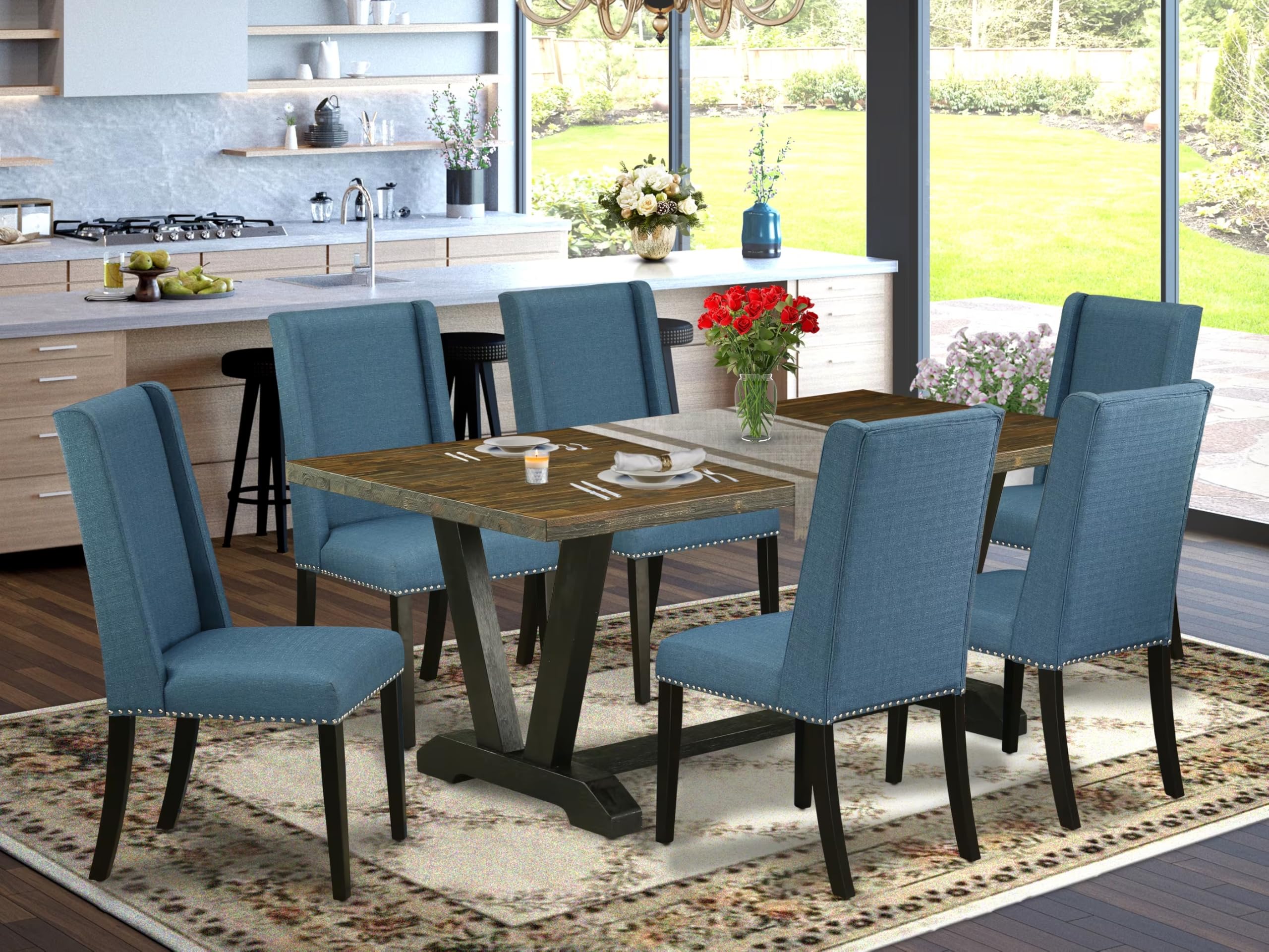East West Furniture V677Fl121-7 7 Piece Kitchen Table & Chairs Set Consist Of A Rectangle Dining Room Table With V-Legs And 6 Blue Linen Fabric Parson Dining Chairs, 40X72 Inch, Multi-Color