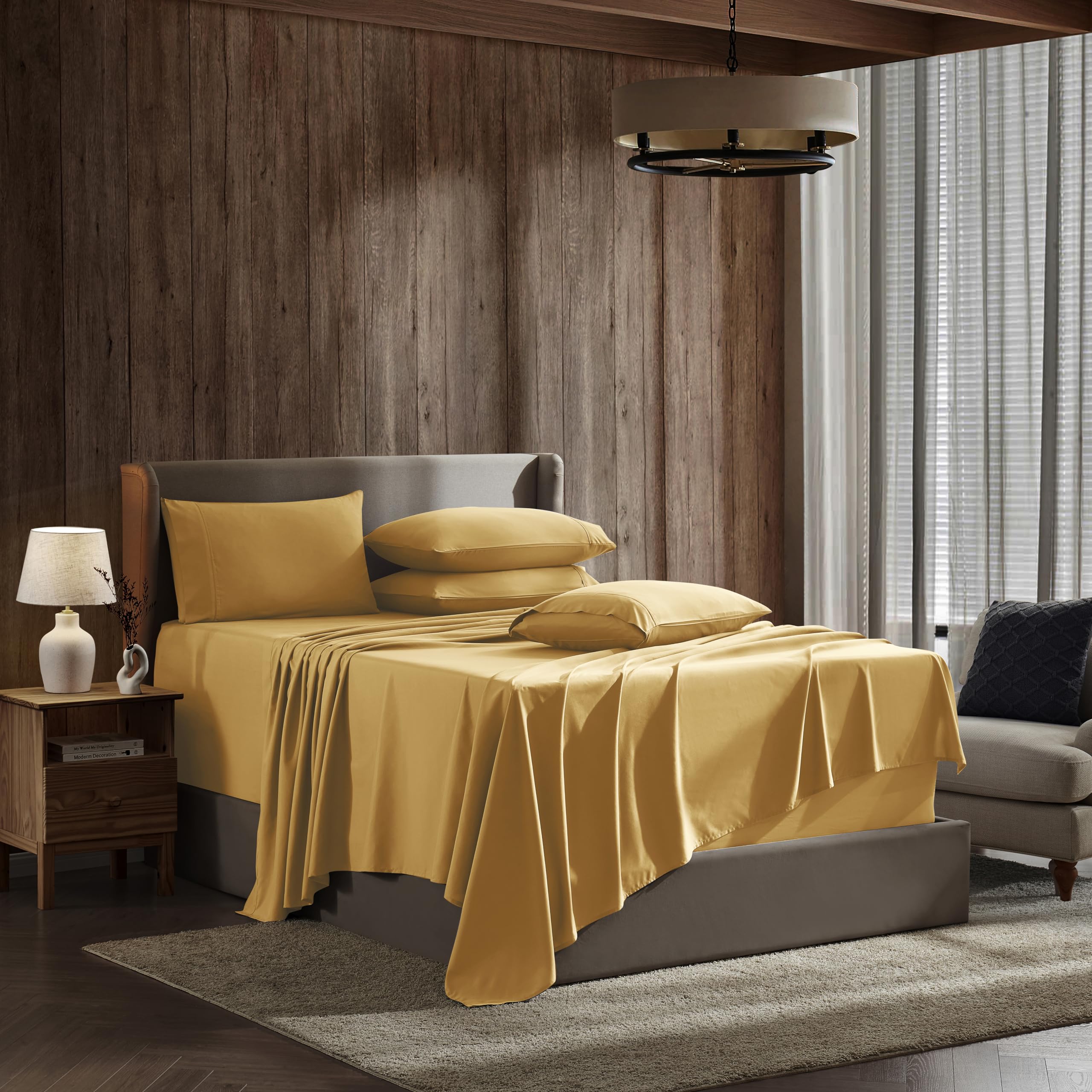 Nestl Extra Deep Pocket Split King Sheet Set - 7 Pc Soft Microfiber Split King Sheet Sets Deep Pocket - Fade Resistant Bedding Sheets & Pillowcases - Split King, Camel Gold