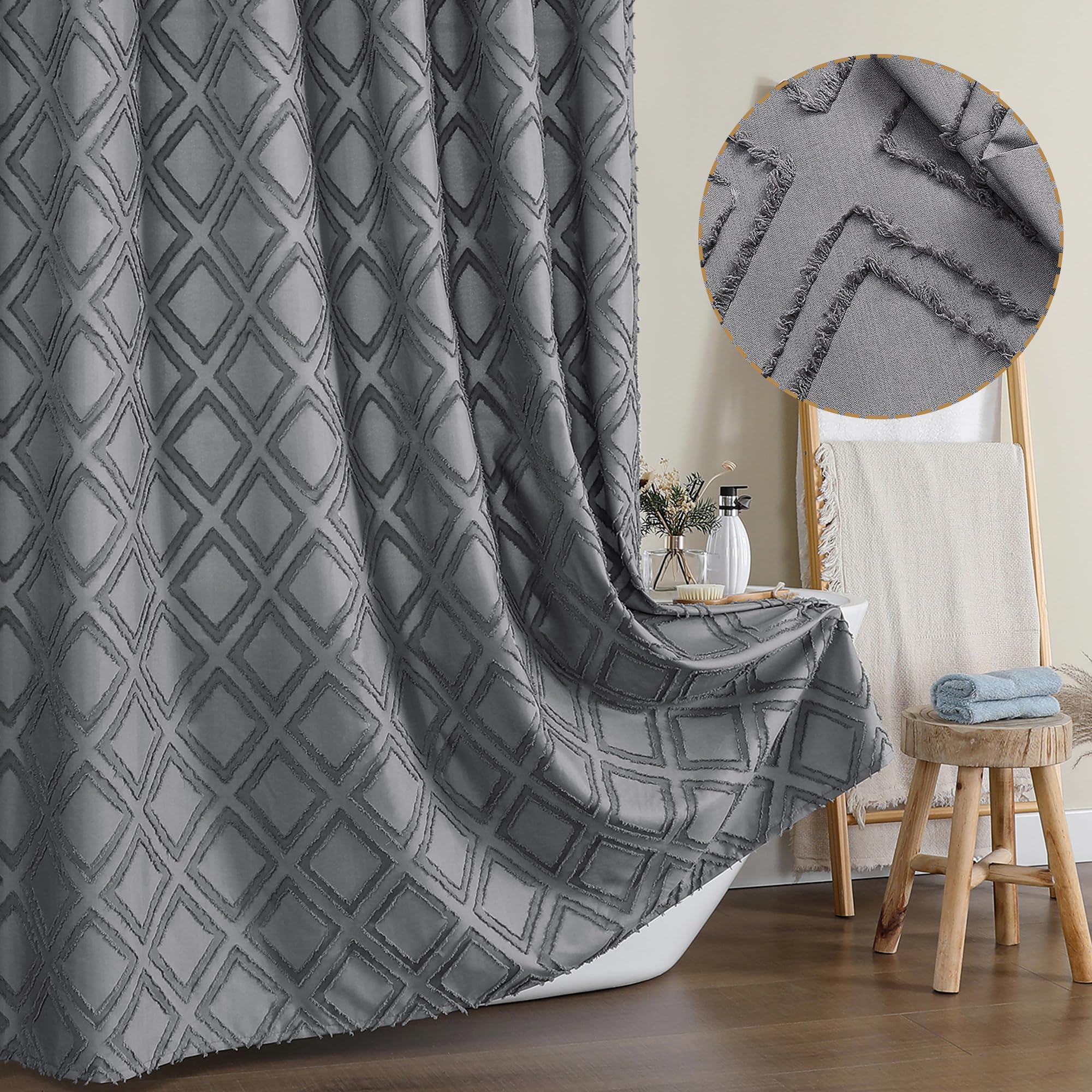 Owenie Grey Shower Curtain, Jacquard Clip Fabric Boho Shower Curtains For Bathroom, Geometric Lightweight Fabric Bathroom Shower
