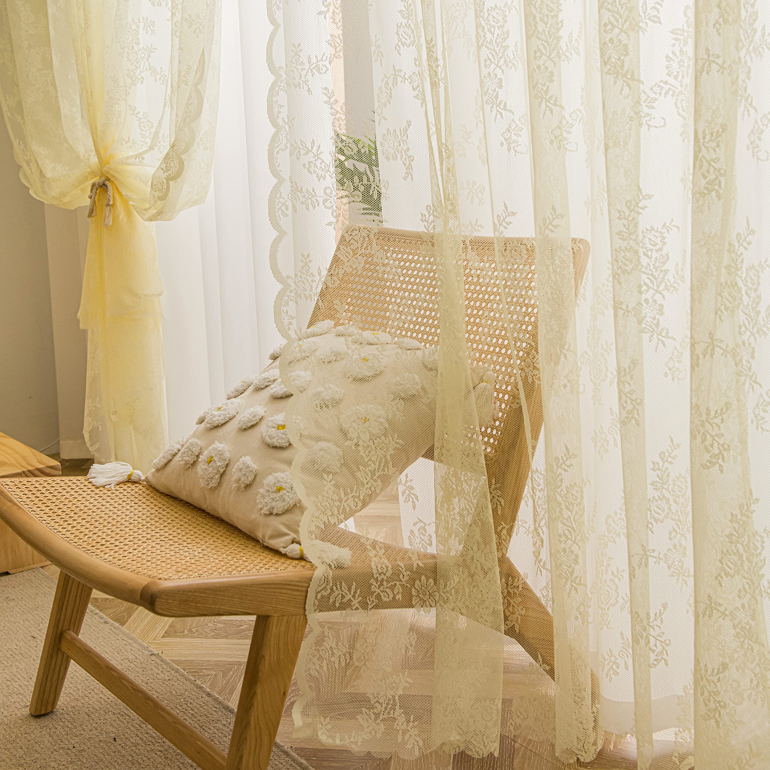 Sutuo Home Lace Curtains 96 Inches Long 2 Panels Set, Cream Yellow Sheer Window Floral Vintage Voile Window Panel Treatment Pair
