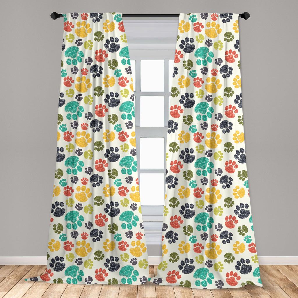 Ambesonne Dog Lover Curtains, Hand Drawn Paw Print Doodles Circular Pattern Drawing Style Animal, Window Treatments 2 Panel Set