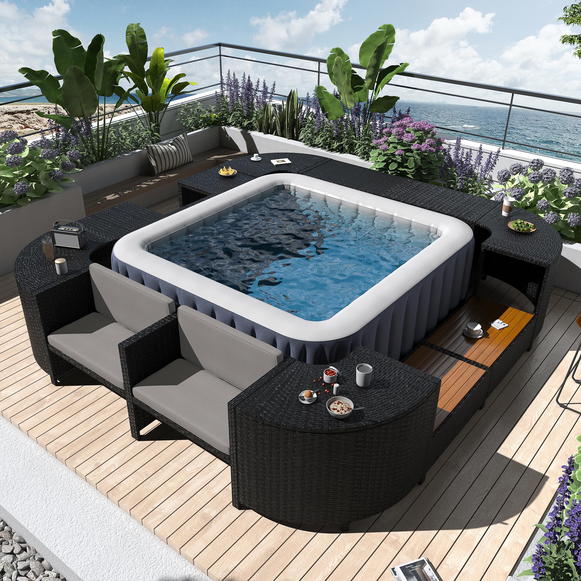 P Purlove Spa Surround, Quadrilateral Patio Rattan Sofa Set With Storage Spaces, Mini Sofa, Wooden Seats And Comfortable Cushion