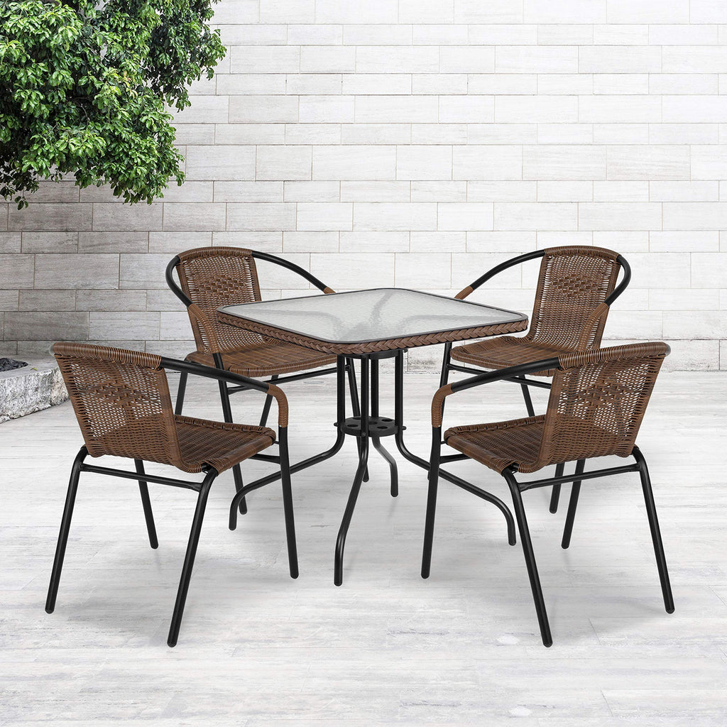 Flash Furniture Lila 28'' Square Glass Metal Table With Dark Brown Rattan Edging And 4 Dark Brown Rattan Stack Chairs