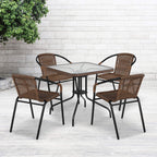 Flash Furniture Lila 28'' Square Glass Metal Table With Dark Brown Rattan Edging And 4 Dark Brown Rattan Stack Chairs