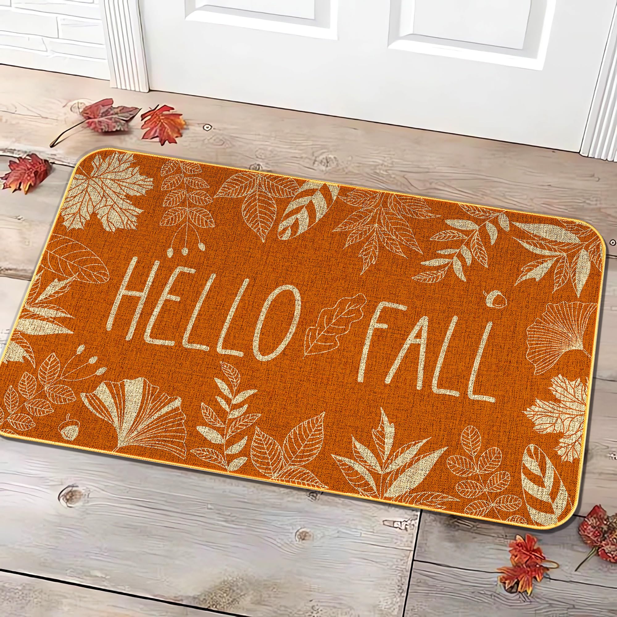 Korvita Hello Fall Welcome Door Mat Thanksgiving Day Floor Mat Autumn Indoor Outdoor Entrance Mat Bathroom Non-Slip Greeting Par