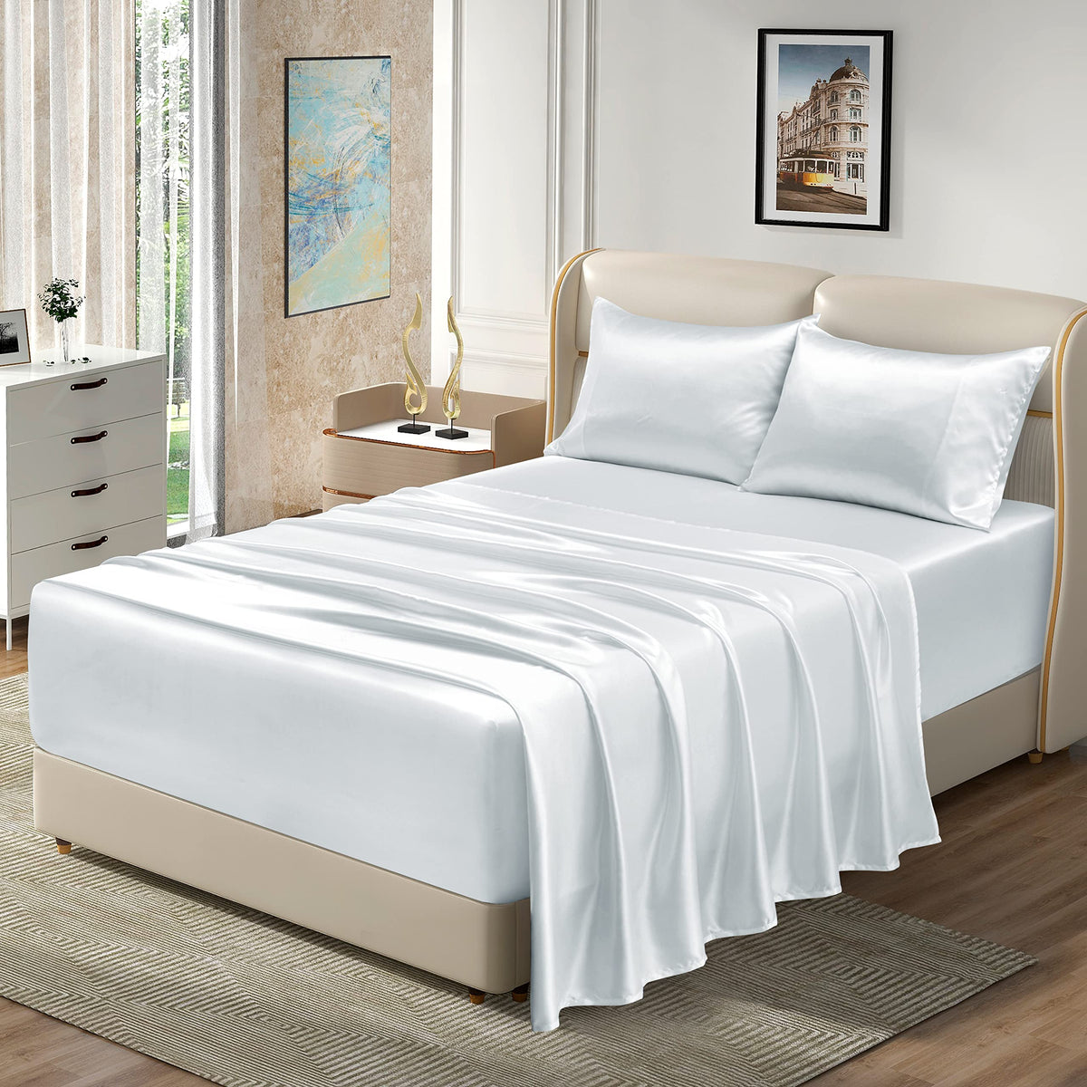 Homiest 4Pcs Extra Deep Pocket Satin Sheets Queen Size Bed Set, 18-24 Inch Deep Pocket Bed Sheets White Satin Sheet Set, Silky S