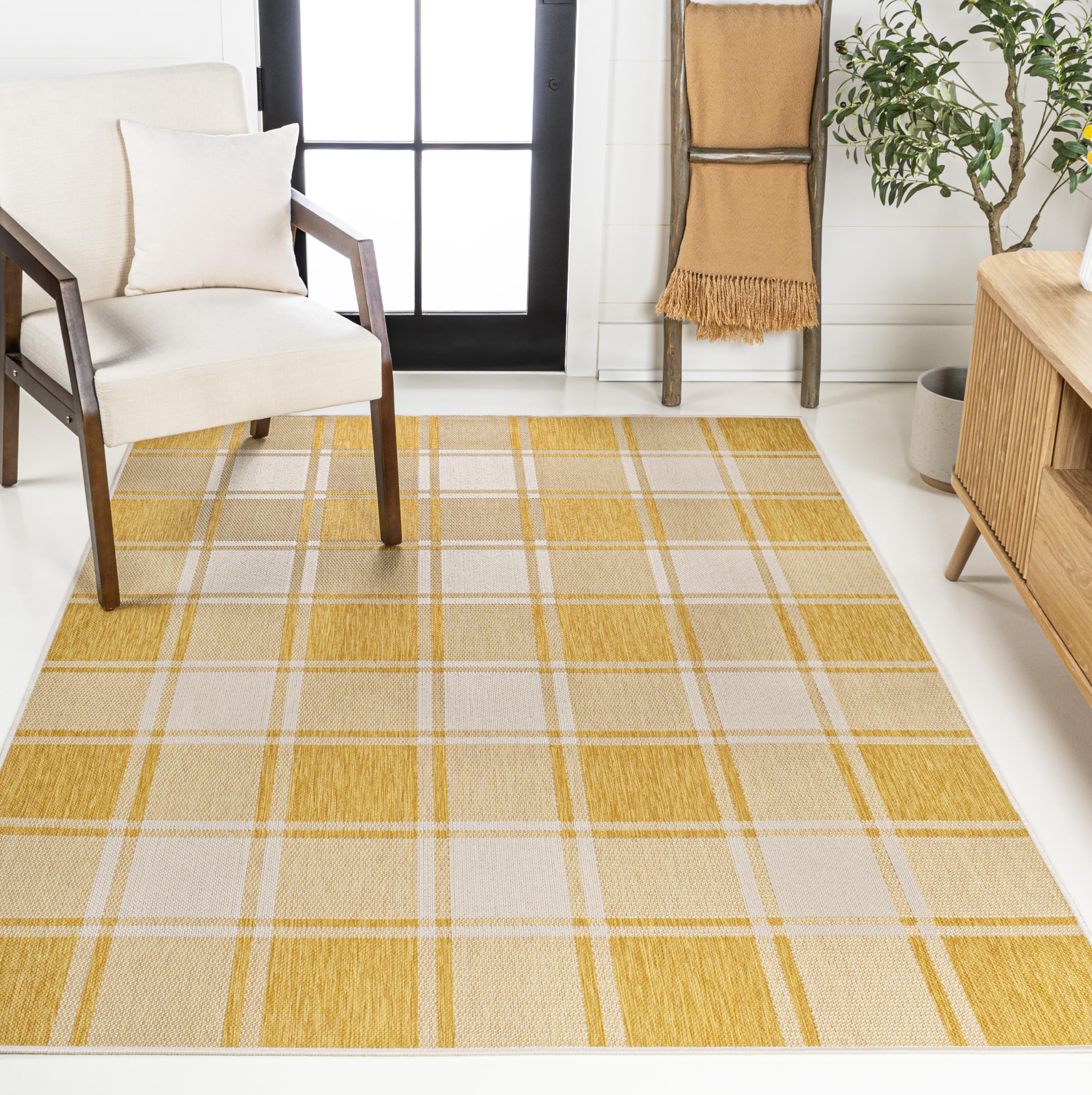 Jonathan Y Tsn203C-5 Sabine Traditional Farmhouse Bold Gingham Yellow/Cream 5 Ft. X 8 Ft. Indoor/Outdoor Area Rug For Backyard,