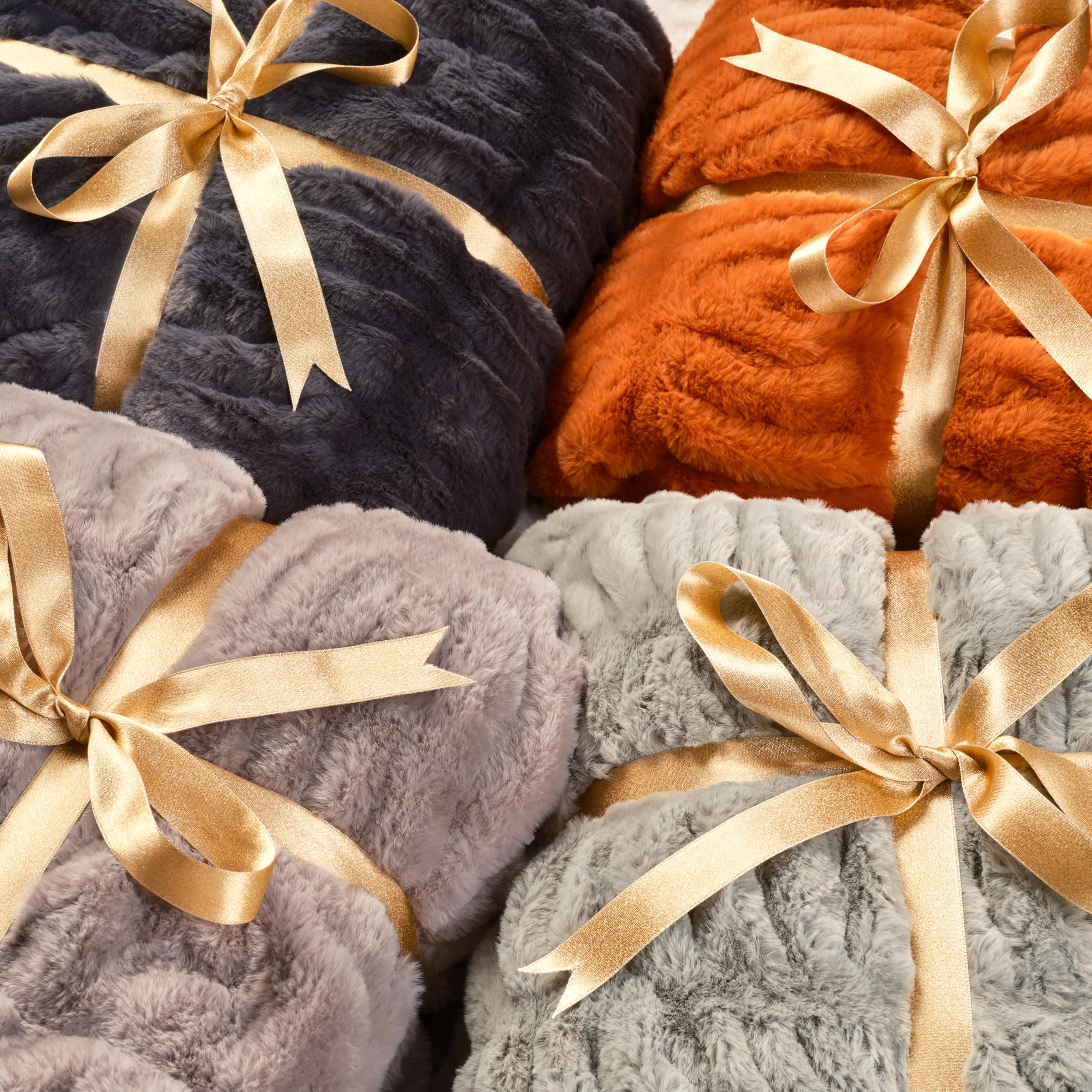 Chanasya Premium Ruched Faux Fur Throw Blanket - Luxurious, Soft Reversible Mink Blanket - 50' X 65    - Orange