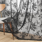 Seekright Black Lace Curtains 45 Inch Length Sheer Floral Curtains For Kitchen Cafe Rod Pocket Light Filtering Small Window Vict