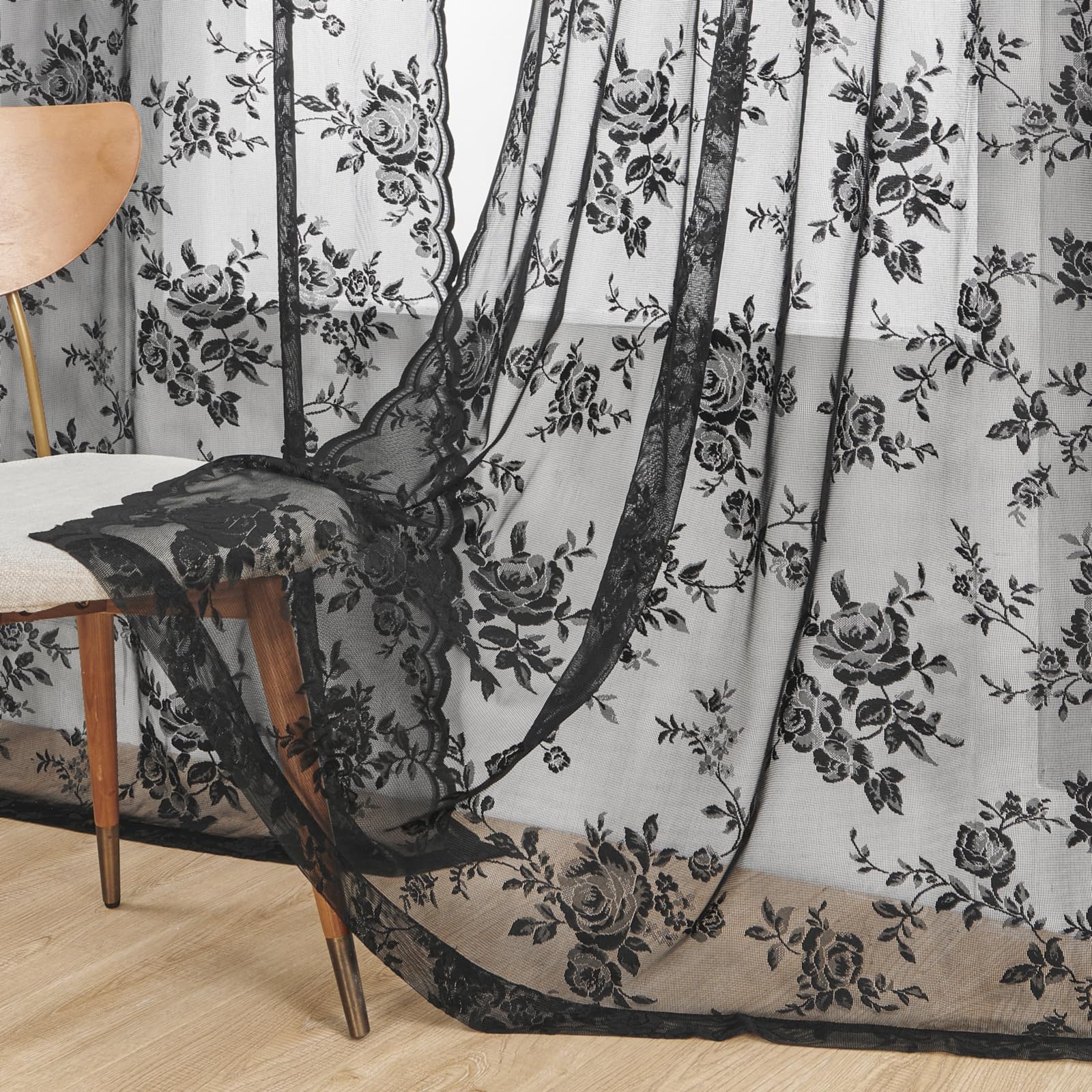 Seekright Black Lace Curtains 45 Inch Length Sheer Floral Curtains For Kitchen Cafe Rod Pocket Light Filtering Small Window Vict