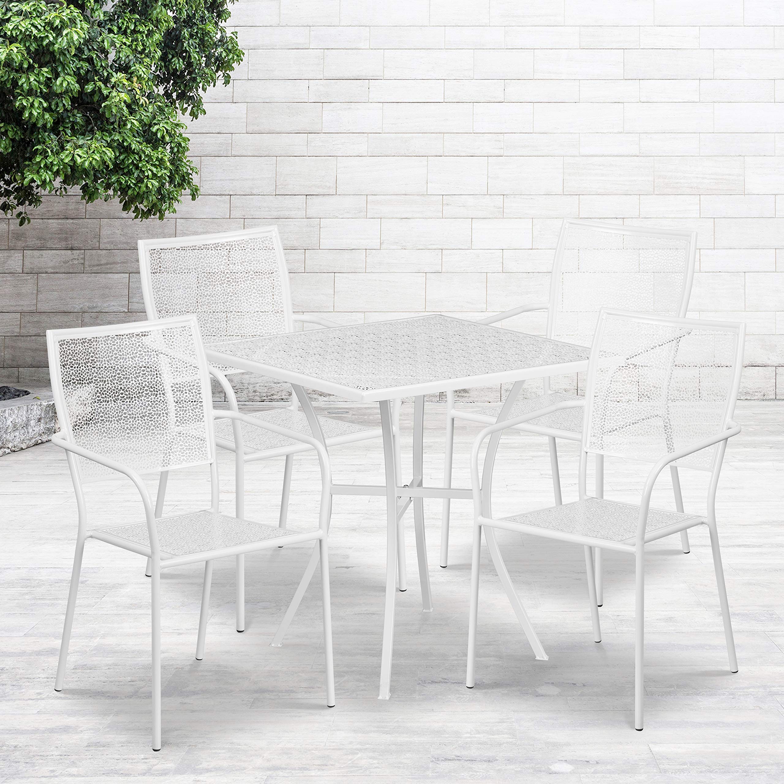 Flash Furniture Oia Commercial Grade 28' Square White Indoor-Outdoor Steel Patio Table Set With 4 Square Back Chairs