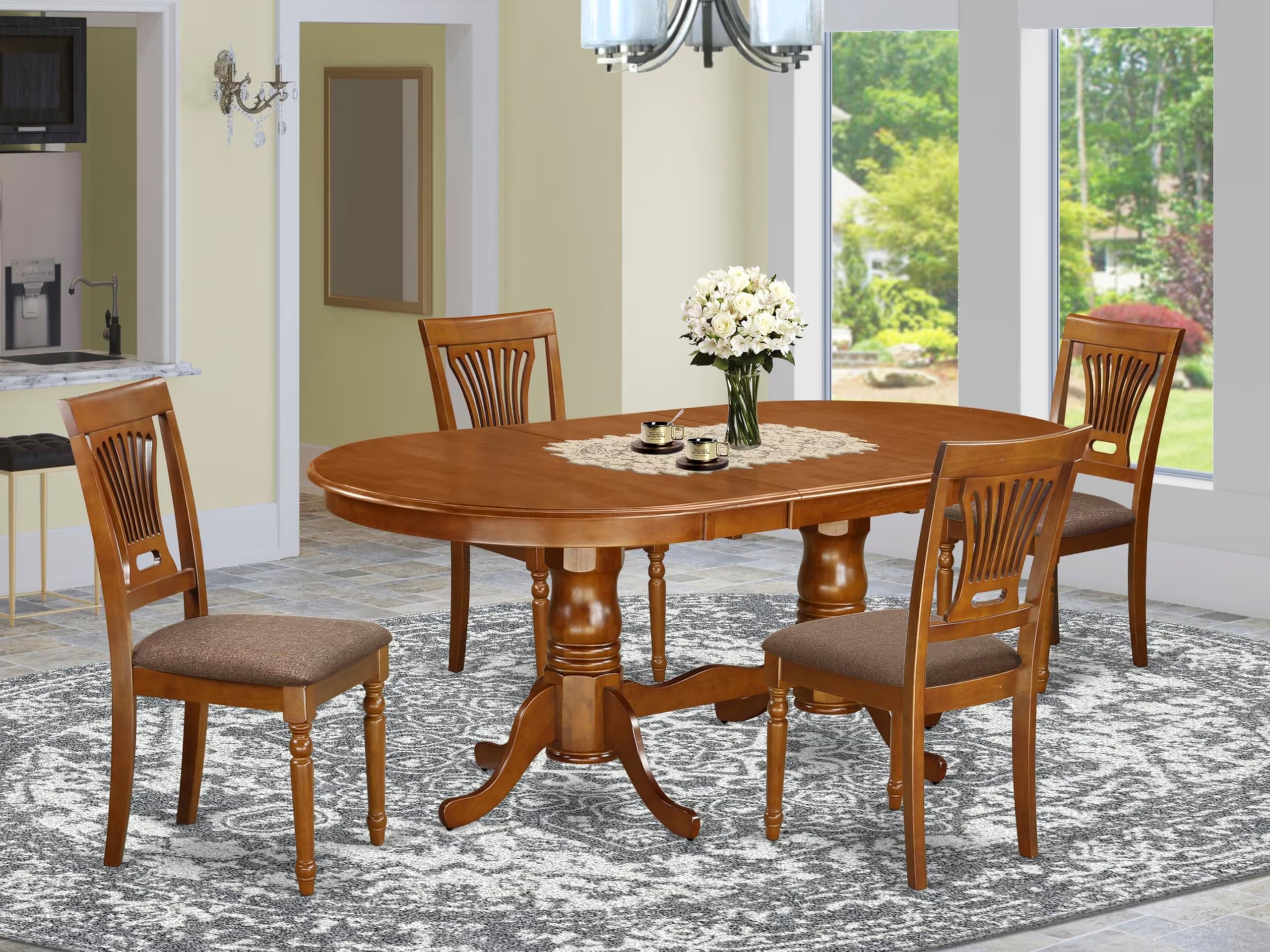 East West Furniture PLAI5-SBR-C 5 Piece Dinette Set for 4 Includes an Oval Dining Table with Butterfly Leaf and 4 Linen Fabric Dining Room Chairs, 42x78 Inch, Saddle Brown