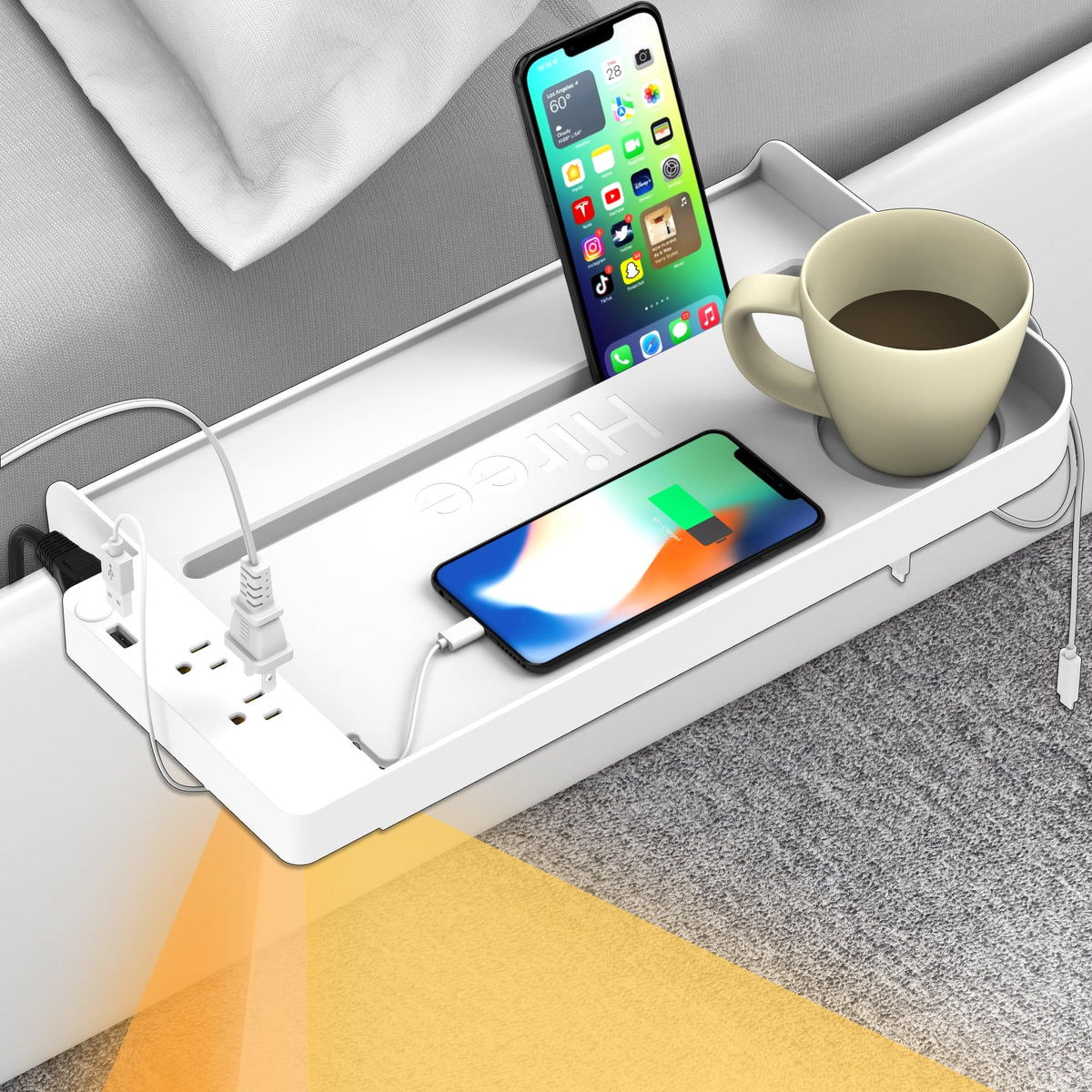 Hiree Bedside Shelf for Dorm Bunk Bed with USB Charging Port and 2 AC Outlets, Bedside Caddy, Bunk Bed Extender, Attachable Beds