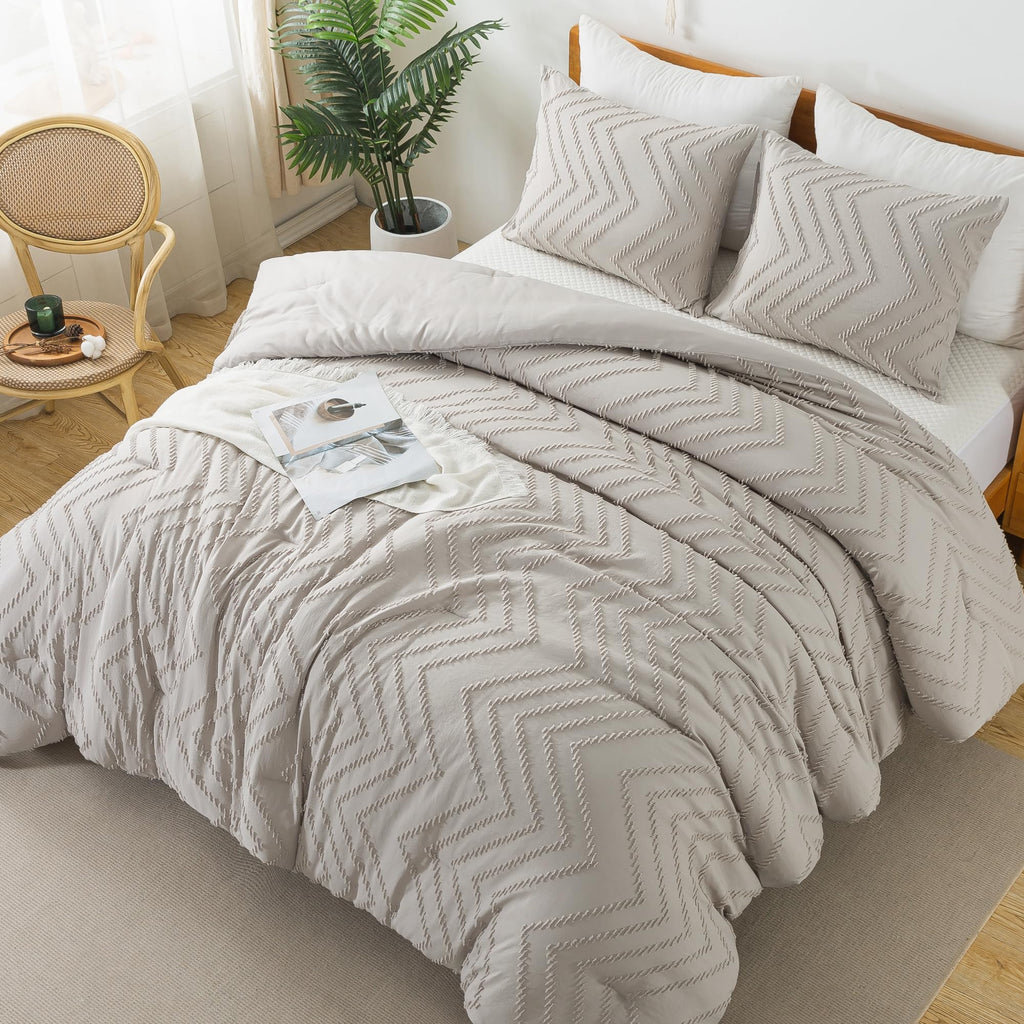 Litanika Linen Queen Size Comforter Sets, 3 Pieces Lightweight Chevron Tufted Bedding Comforter Set, Fluffy Down Alternative Com