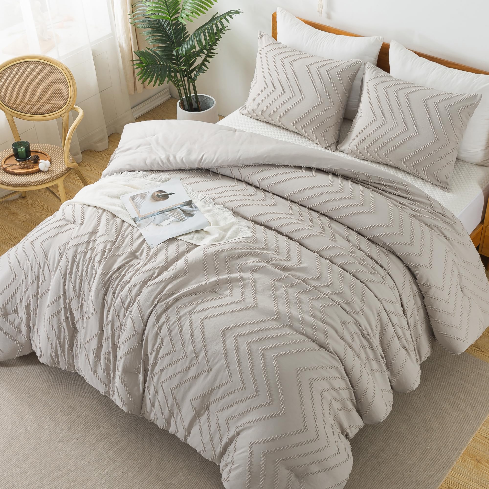 Litanika Linen King Comforter Set, 3 Pieces Lightweight Gray Tufted Bedding Sets, Down Alternative Comforter Fluffy Bed Set Gift