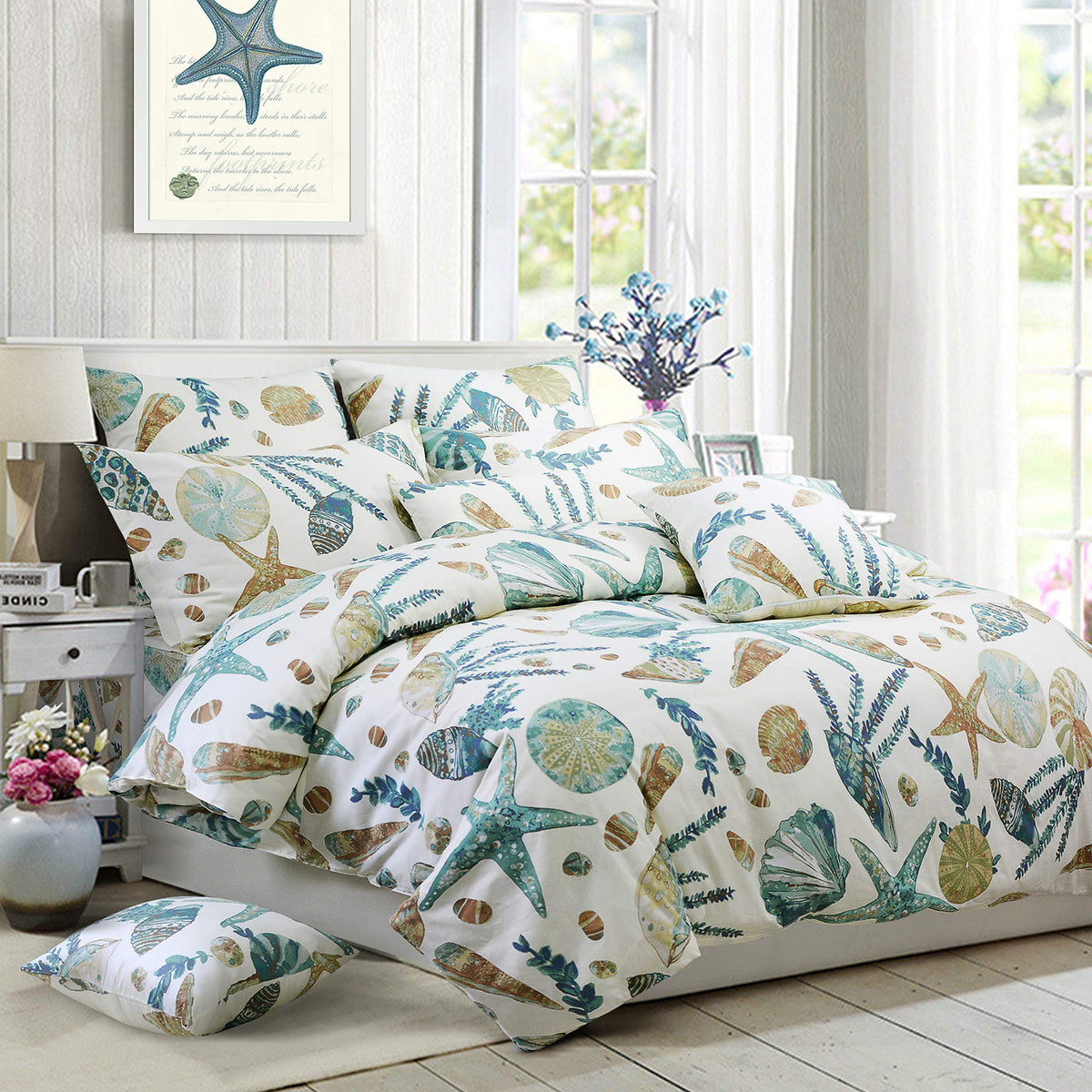 Fadfay Duvet Cover Set Queen Beach Themed Bedding Sets 100% Cotton Super Soft Coastal Bedding White Teal Seashells And Starfish