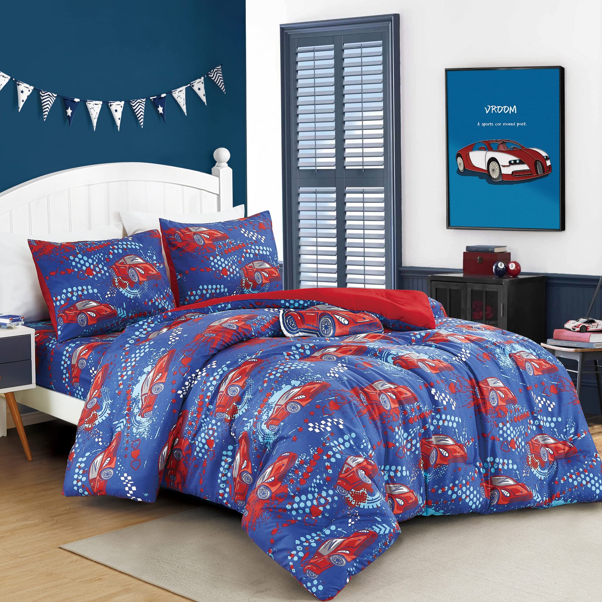 Red Race Cars print Comforter Set for Boys Girls teen, Full size bedding for race car fan, include comforter fitted sheet, pillo