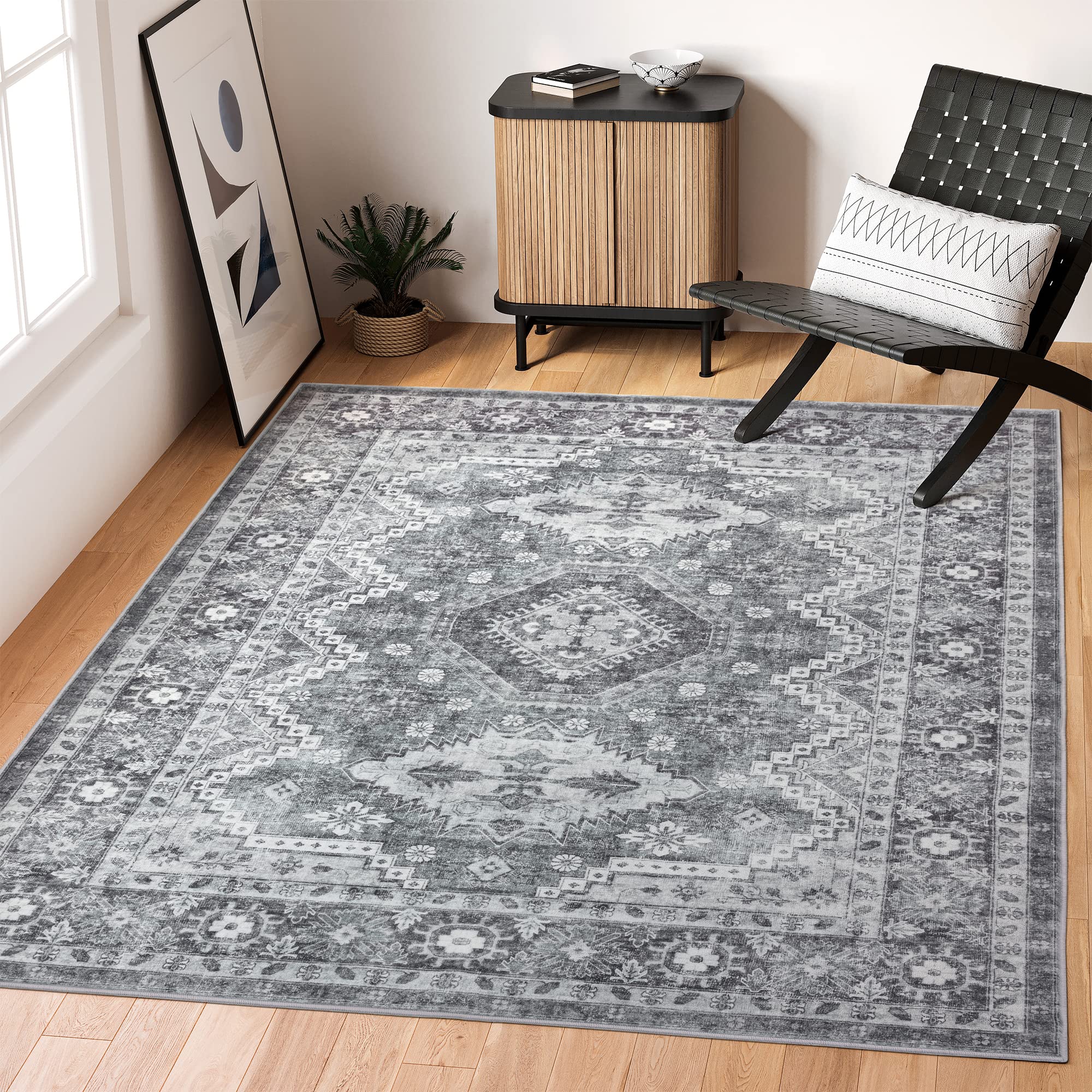 Rugland 6x9 Rug - Stain Resistant Washable Rug, Anti Slip Backing Rugs for Living Room, Vintage Tribal Area Rugs (TPR07-Grey, 6