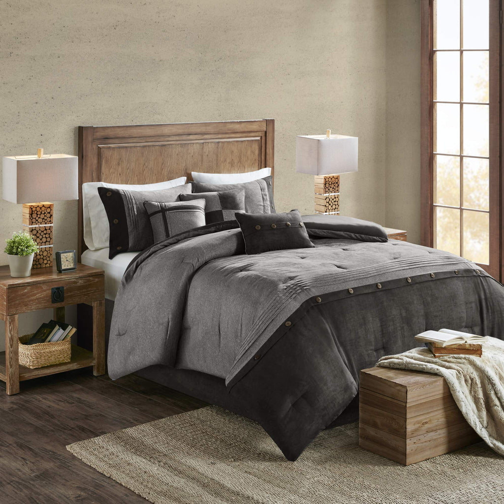 Madison Park Boone Cozy Comforter Set, Faux Suede, Deluxe Hotel Styling All Season Down Alternative Bedding Matching Shams, Decorative Pillow, Queen (90 In X 90 In), Rustic Grey 7 Piece,Dark Gray