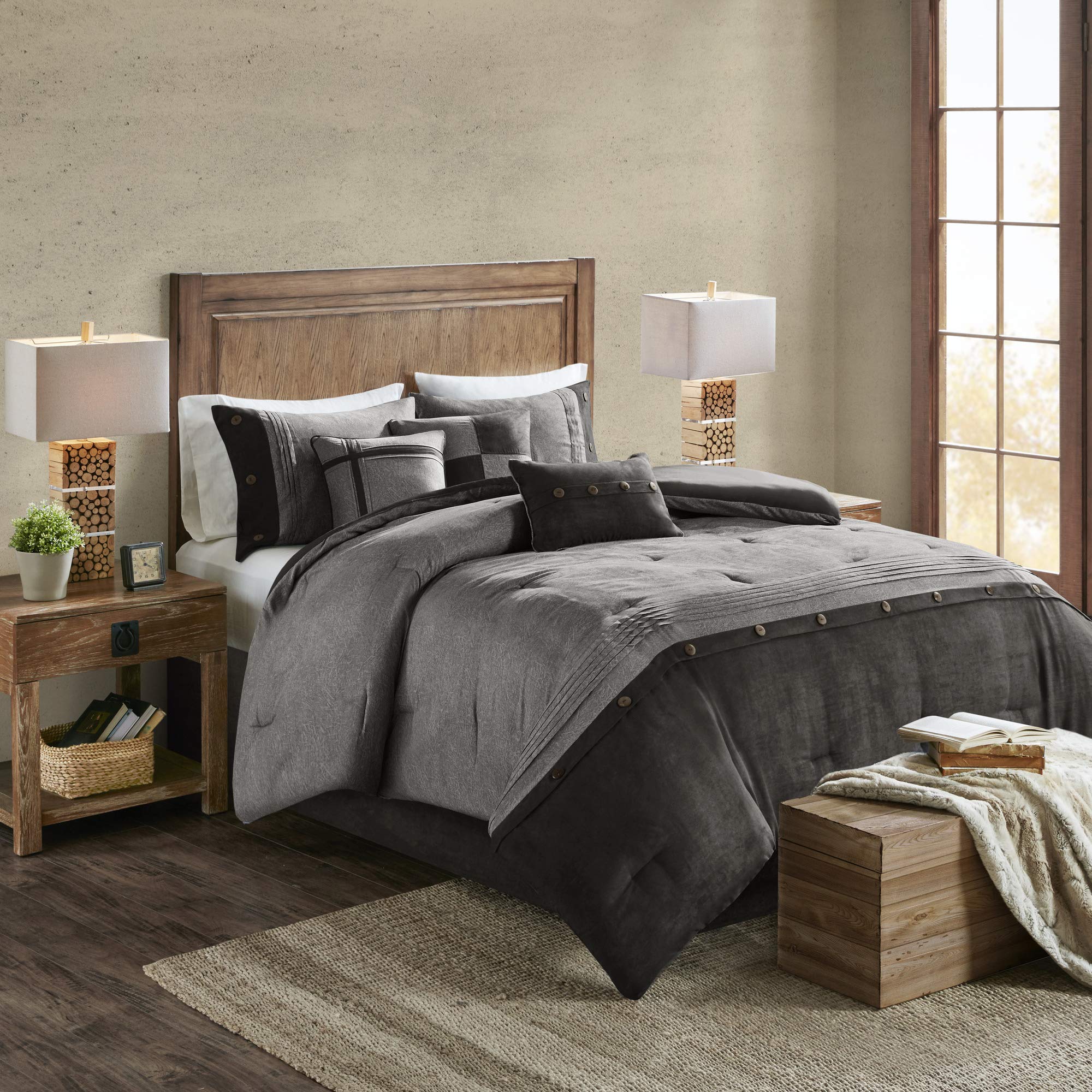 Madison Park Boone Cozy Comforter Set, Faux Suede, Deluxe Hotel Styling All Season Down Alternative Bedding Matching Shams, Decorative Pillow, California King (104 In X 92In), Rustic Grey 7 Piece Dark Grey 7Pcs