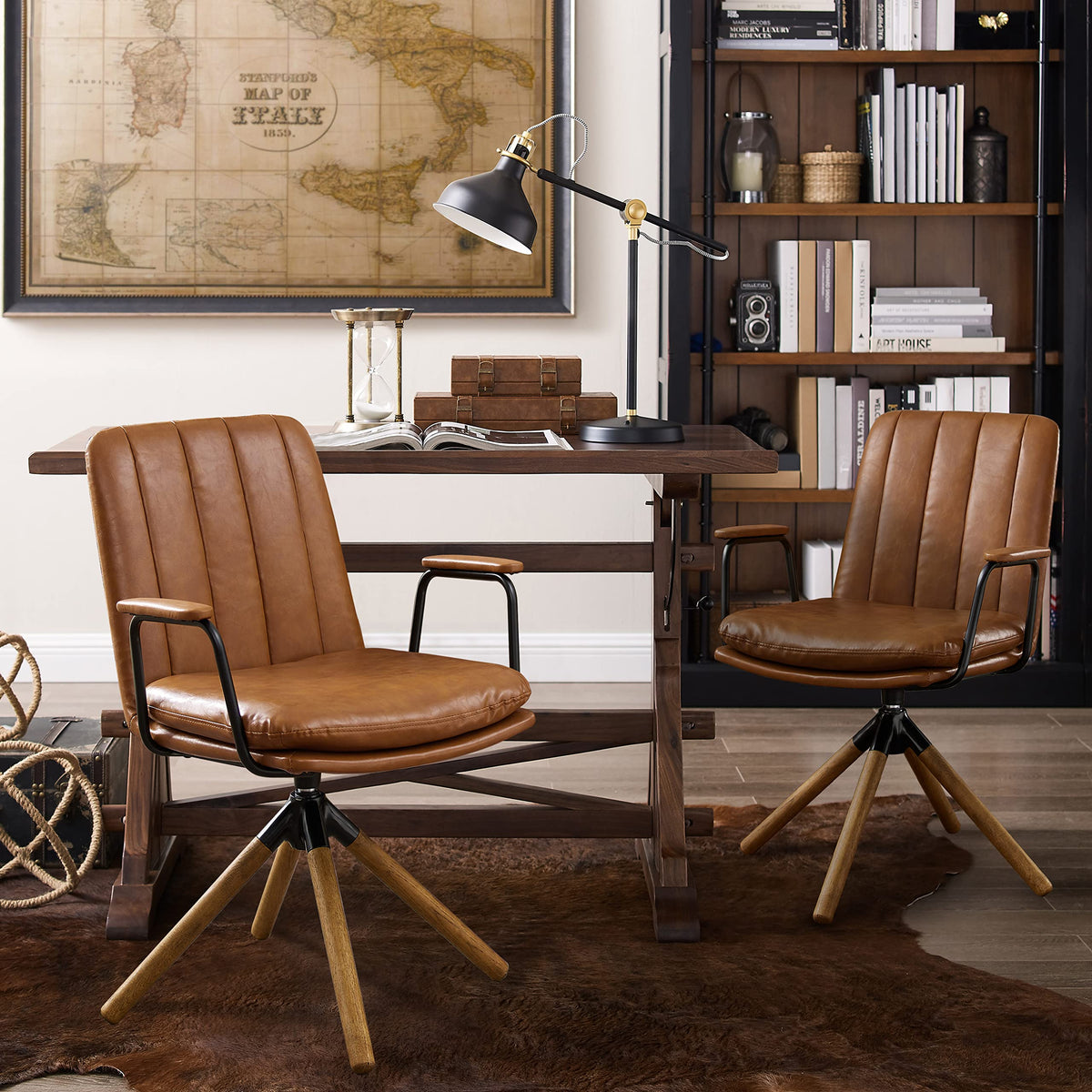 Art Leon Desk Chair No Wheels, Set Of 2, Mid Century Modern Swivel Chair With Oak Wood Legs, Faux Leather Home Office Desk Chair