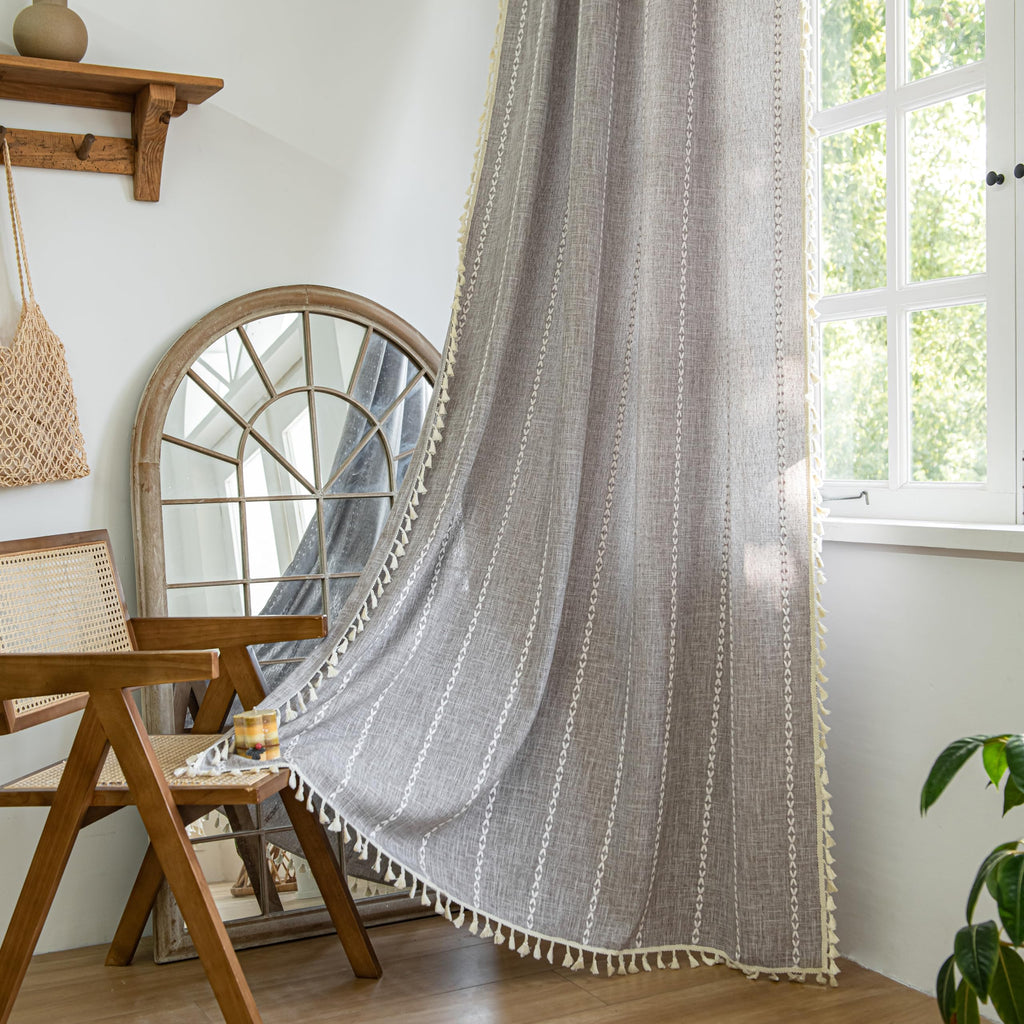 Sutuo Home Brown Boho Curtains 84 inch for Bedroom, Semi Blackout Linen Farmhouse Shabby Chic Tassels Window Treatment Bohemian 