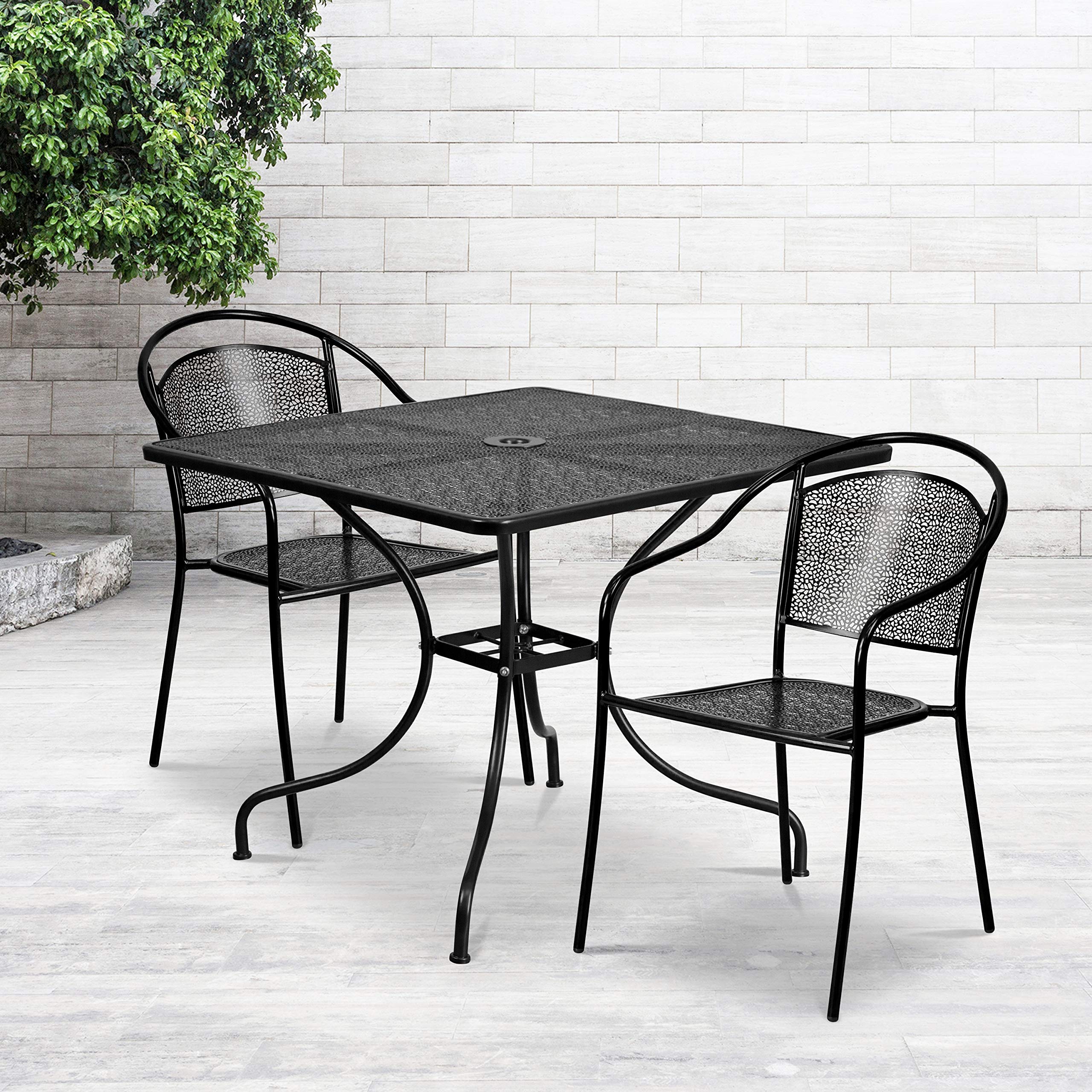 Flash Furniture Oia Commercial Grade 35.5 Square Black Indoor-Outdoor Steel Patio Table Set with 2 Round Back Chairs