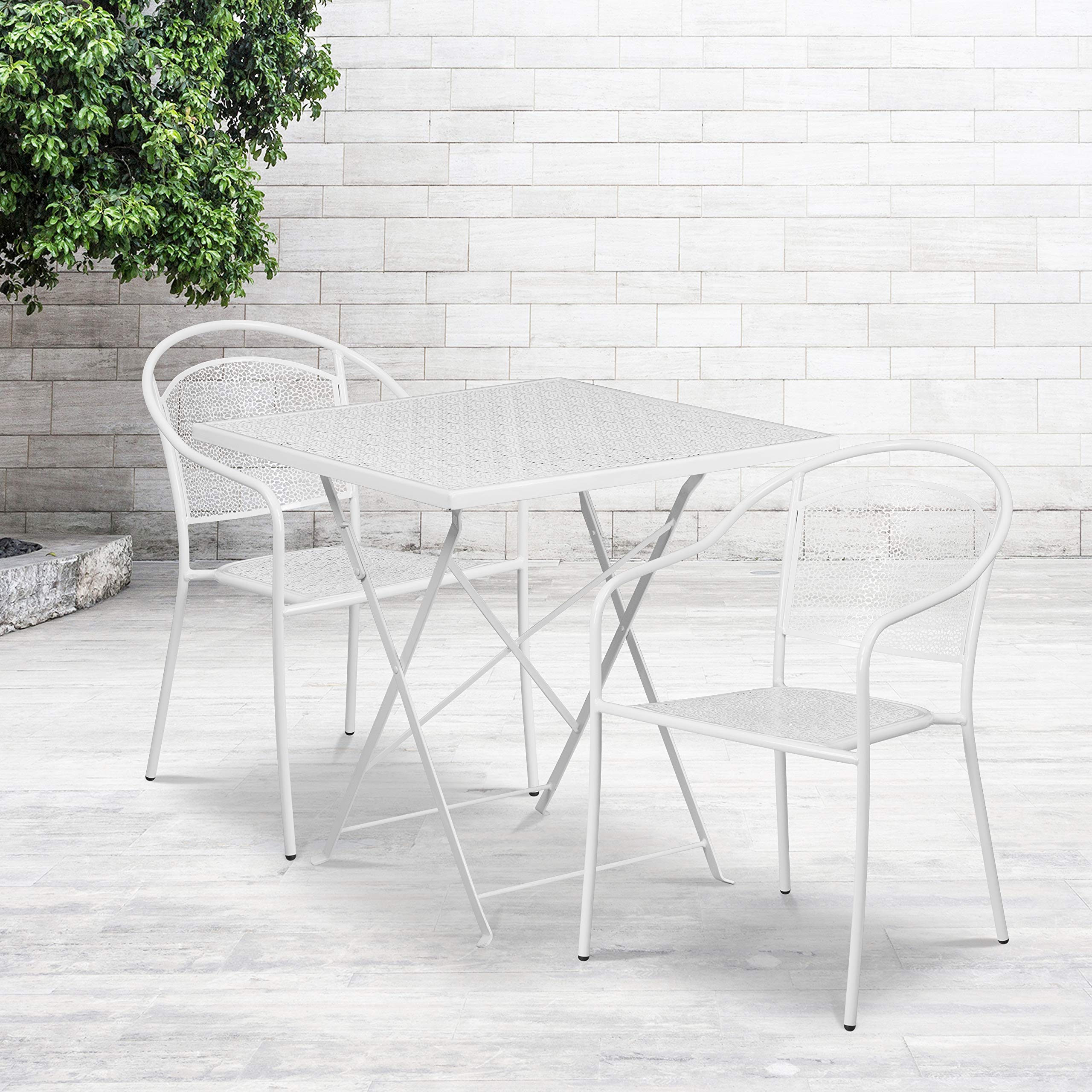 Flash Furniture Oia Commercial Grade 28' Square White Indoor-Outdoor Steel Folding Patio Table Set With 2 Round Back Chairs