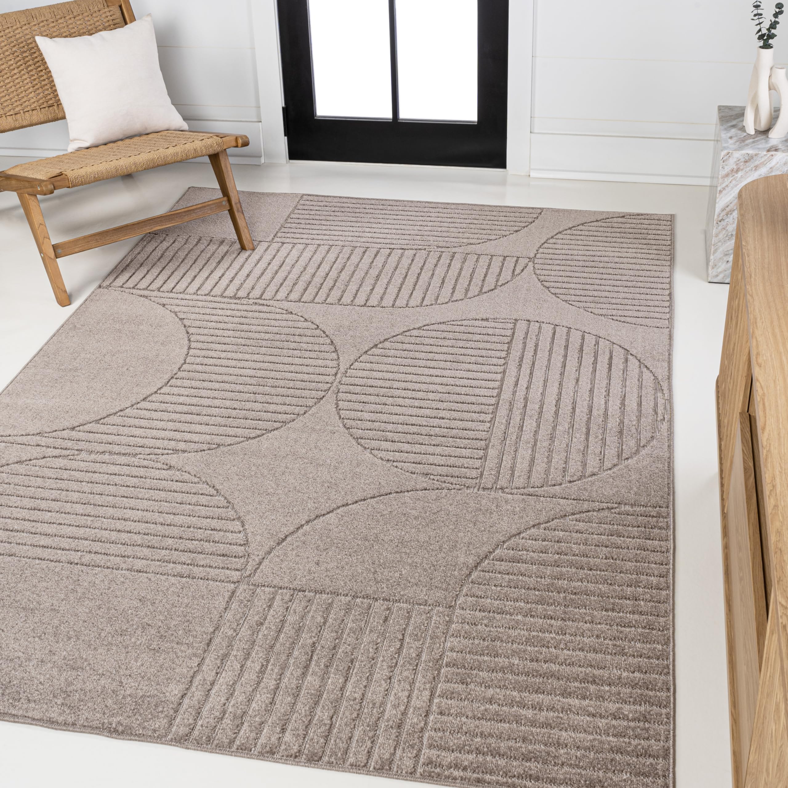 JONATHAN Y SCN104D-3 Nordby High-Low Geometric Arch Scandi Striped Taupe/Beige 3 ft. x 5 ft. Indoor/Outdoor Area Rug for Patio, 