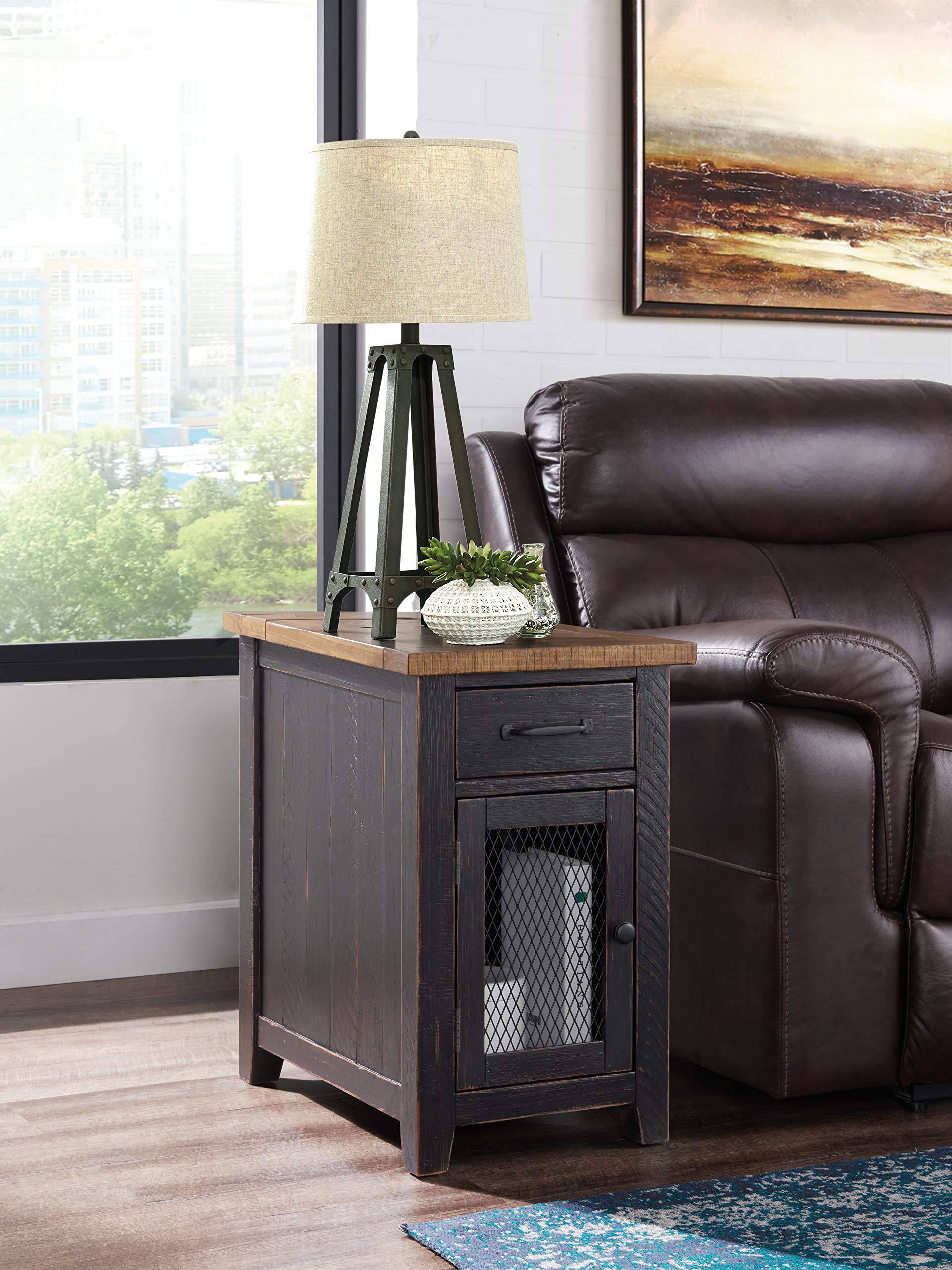 Martin Svensson Home Chairside Table - Antique Black And Honey - Rustic Style - With One Drawer And Cabinet For Storage